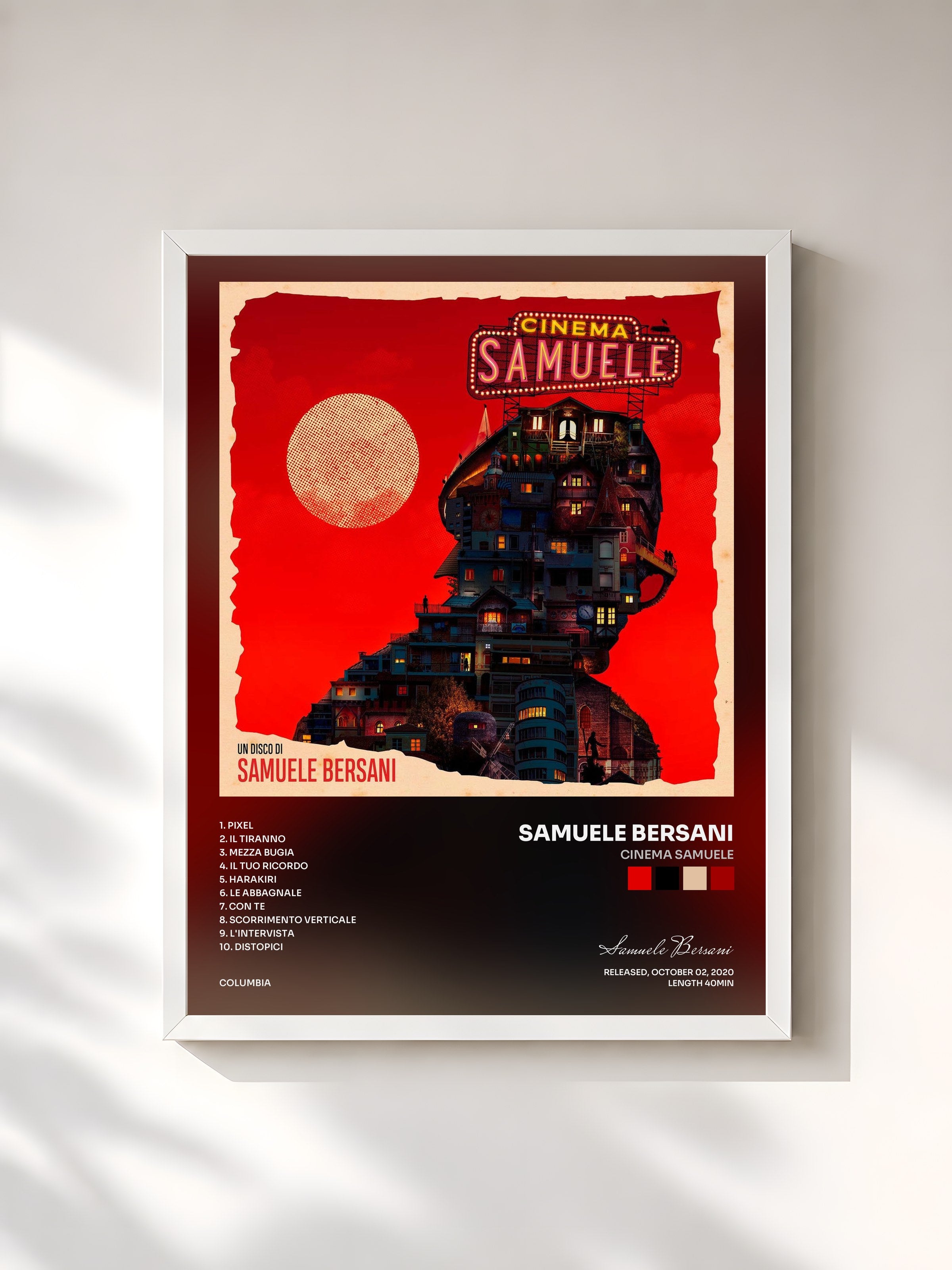 #blanc Tableau de l'album Cinema Samuele de Samuele Bersani, cadre blanc, imprimé et encadré en France