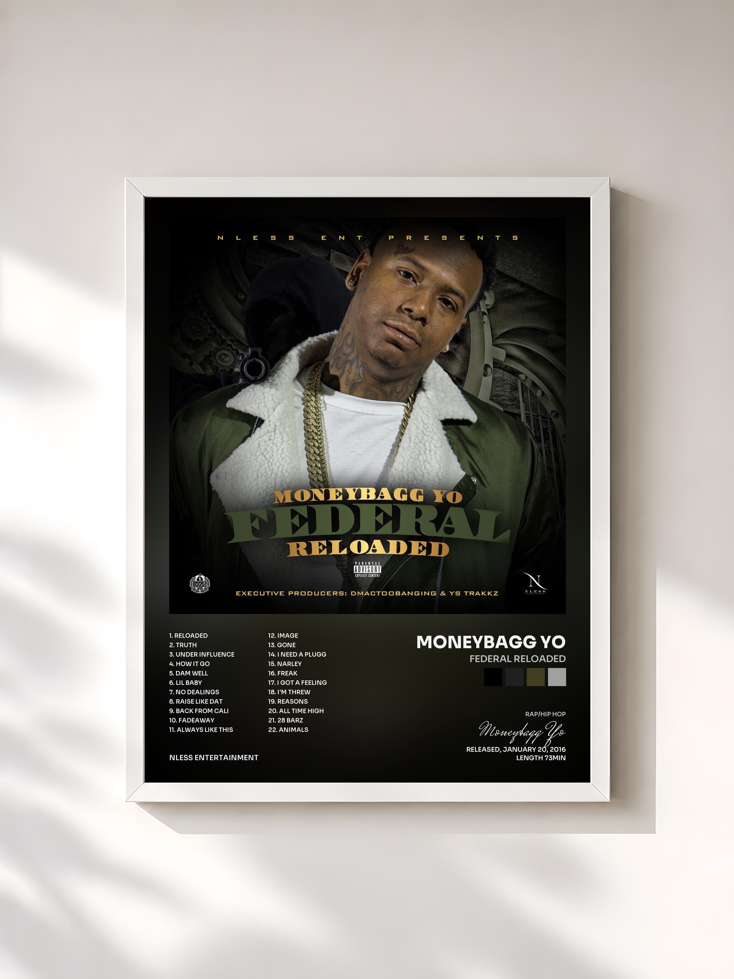 #blanc Tableau de l'album Federal Reloaded de Moneybagg Yo, cadre blanc, imprimé et encadré en France