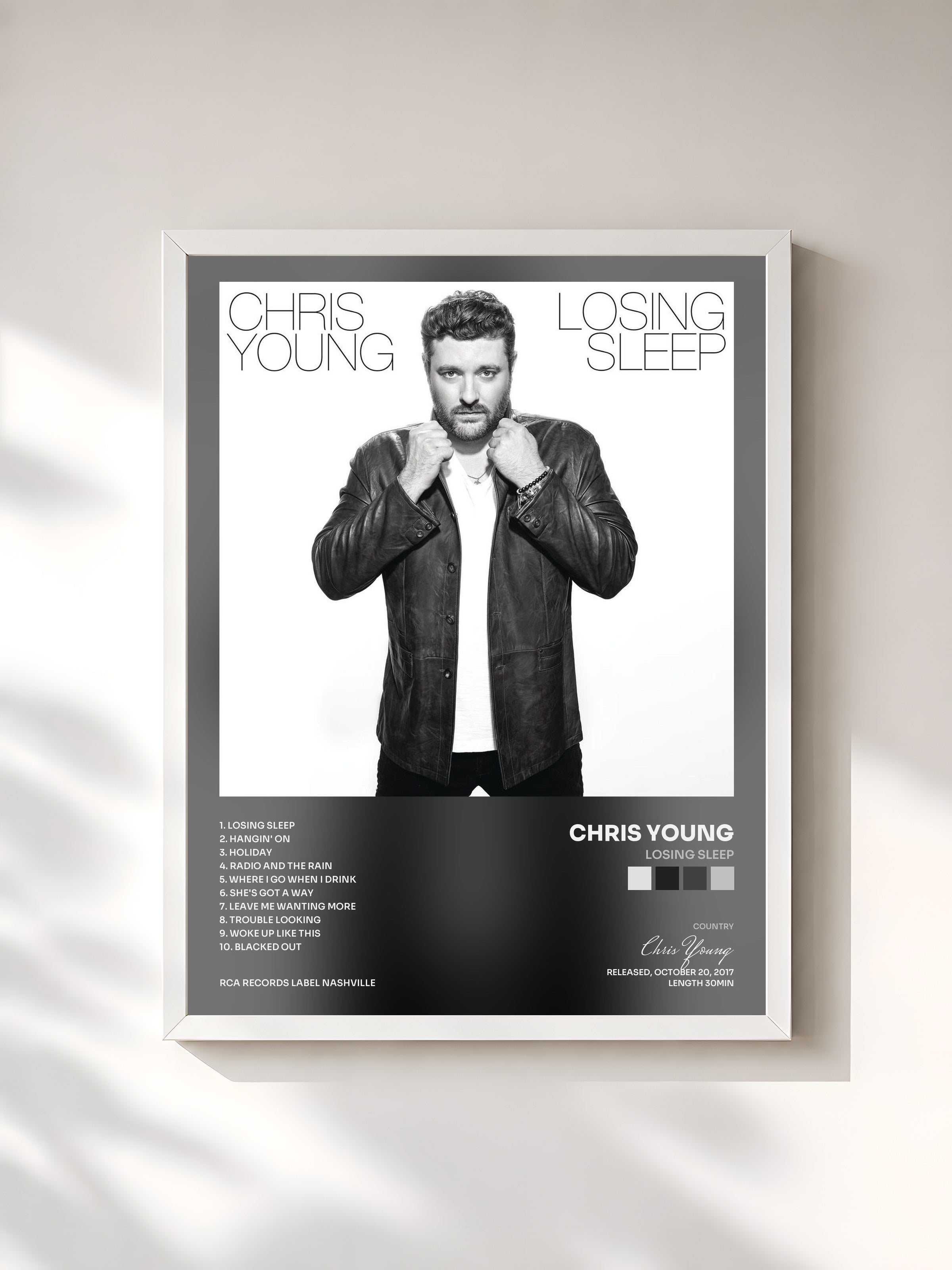 #blanc Tableau de l'album Losing Sleep de Chris Young, cadre blanc, imprimé et encadré en France