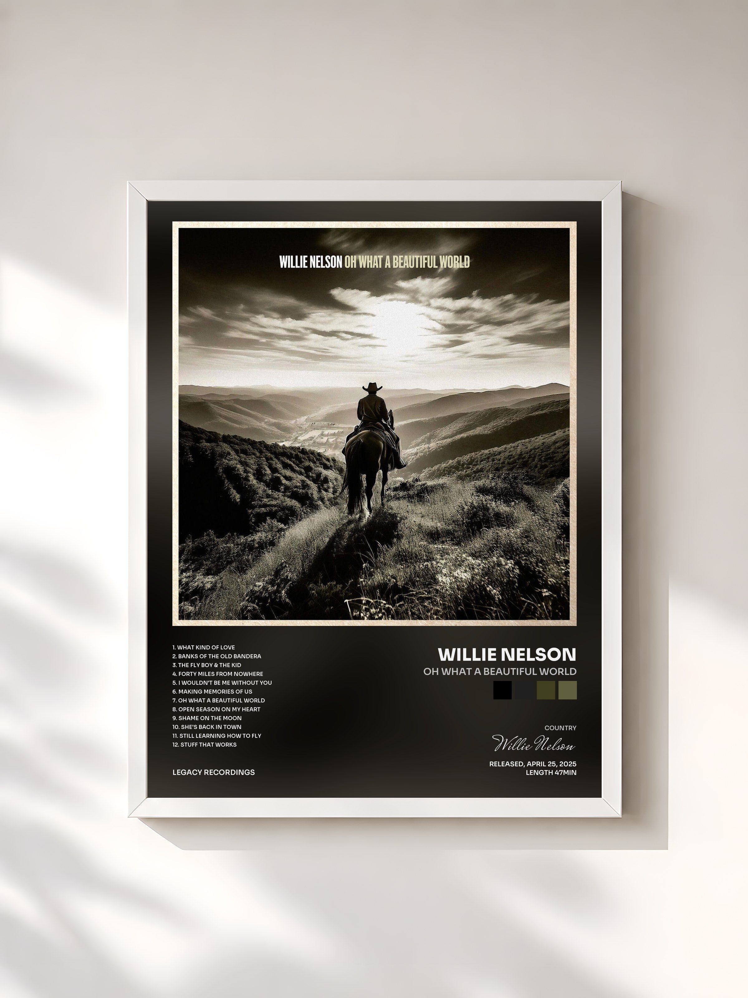 #blanc Tableau de l'album Oh What A Beautiful World de Willie Nelson, cadre blanc, imprimé et encadré en France