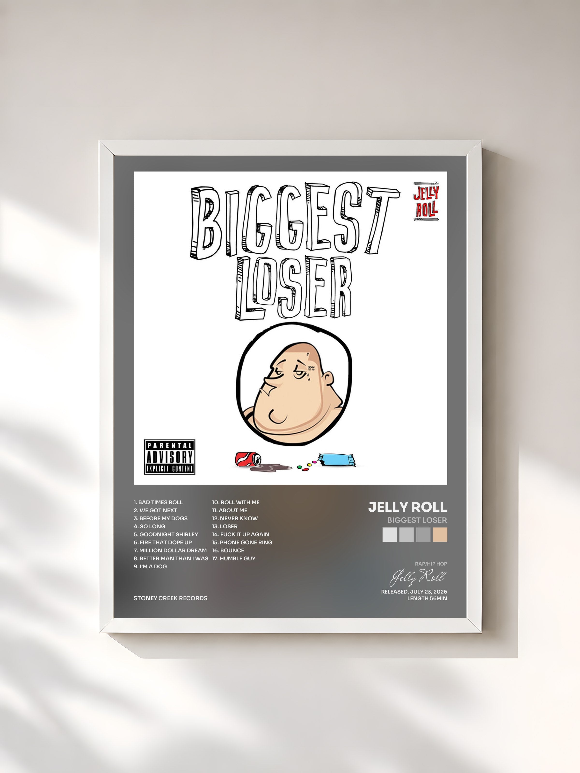 #blanc Tableau de l'album Biggest Loser de Jelly Roll, cadre blanc, imprimé et encadré en France