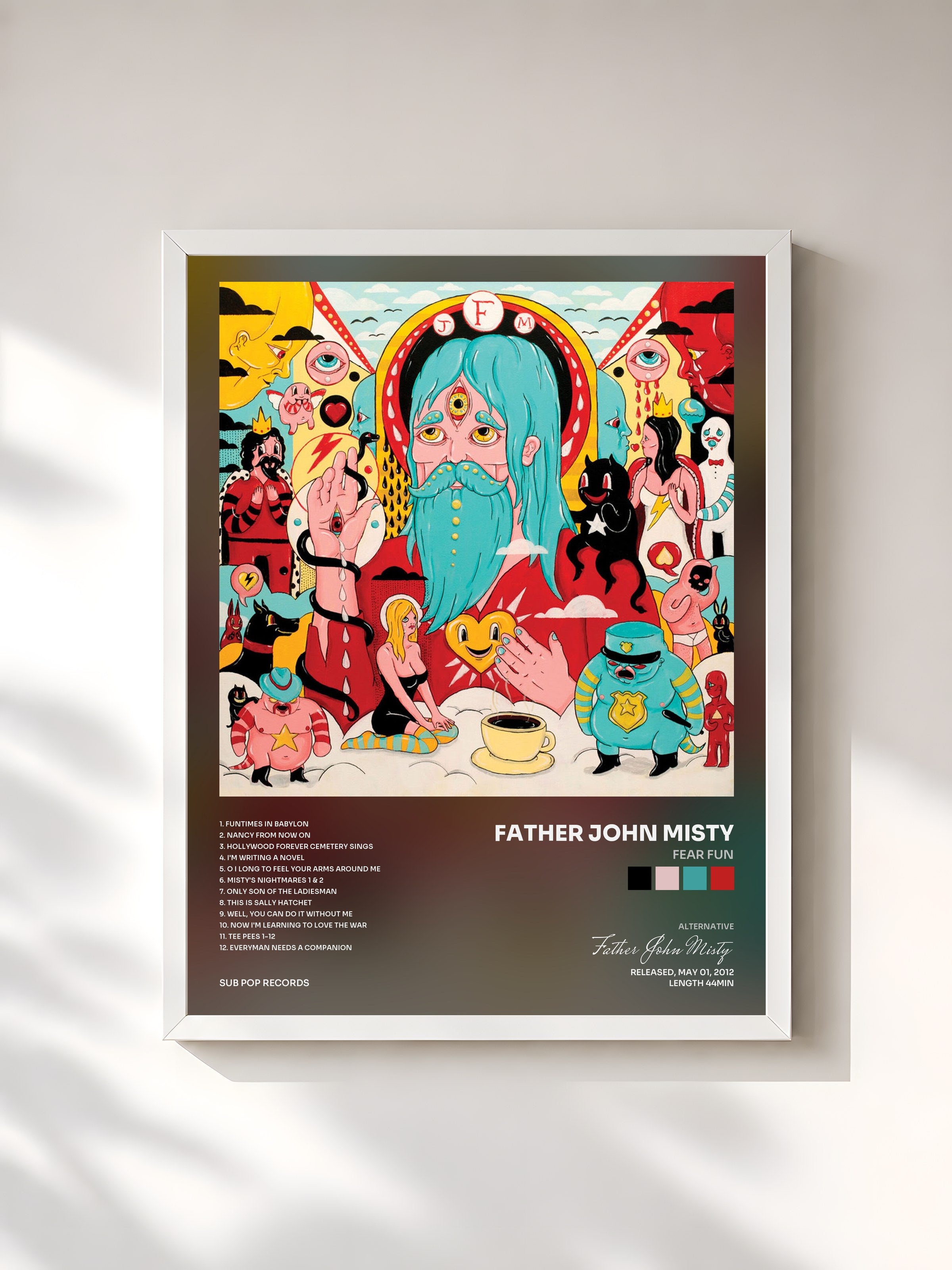 #blanc Tableau de l'album Fear Fun de Father John Misty, cadre blanc, imprimé et encadré en France