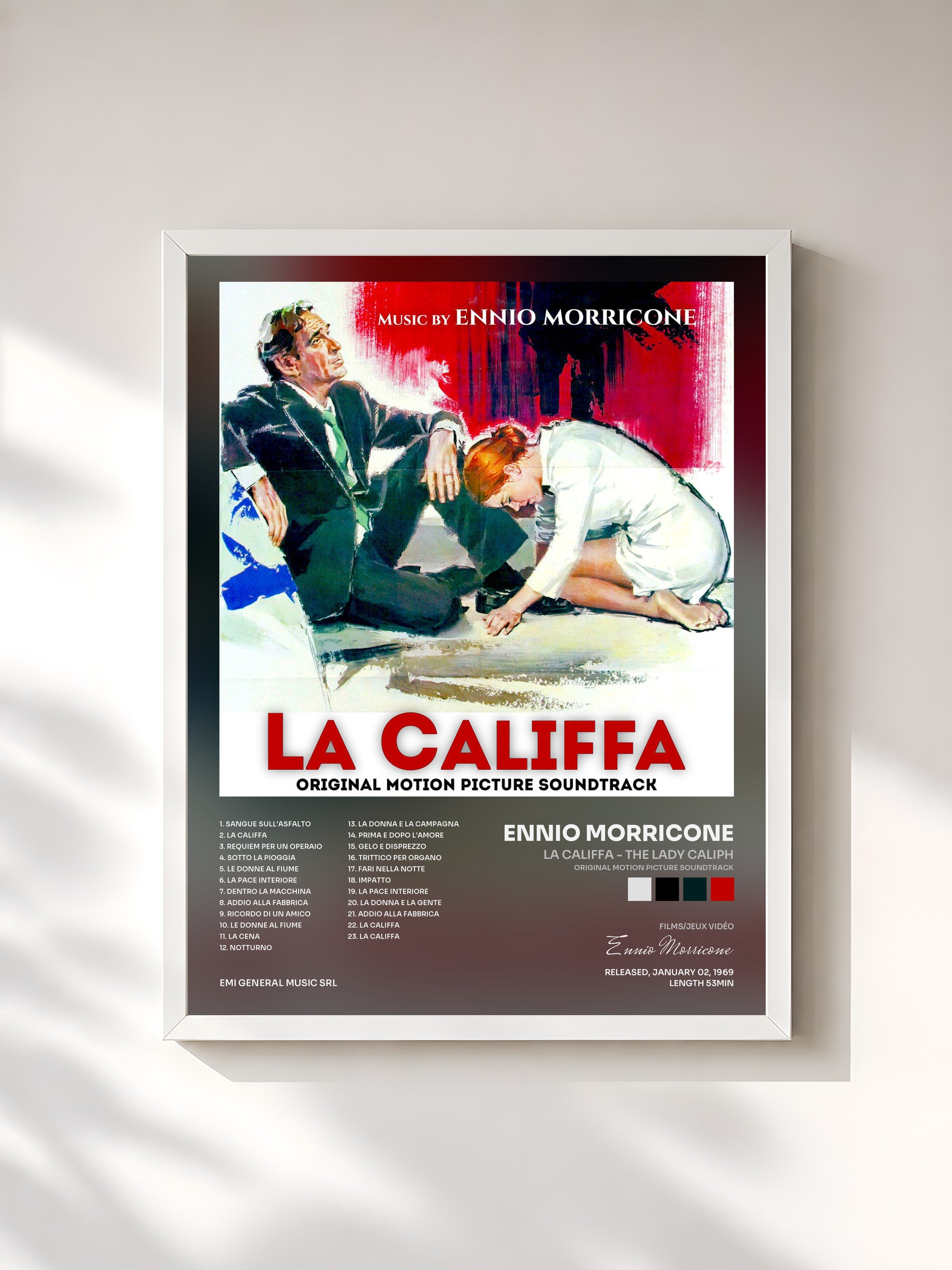 #blanc Tableau de l'album La Califfa - The Lady Caliph (Original Motion Picture Soundtrack) de Ennio Morricone, cadre blanc, imprimé et encadré en France