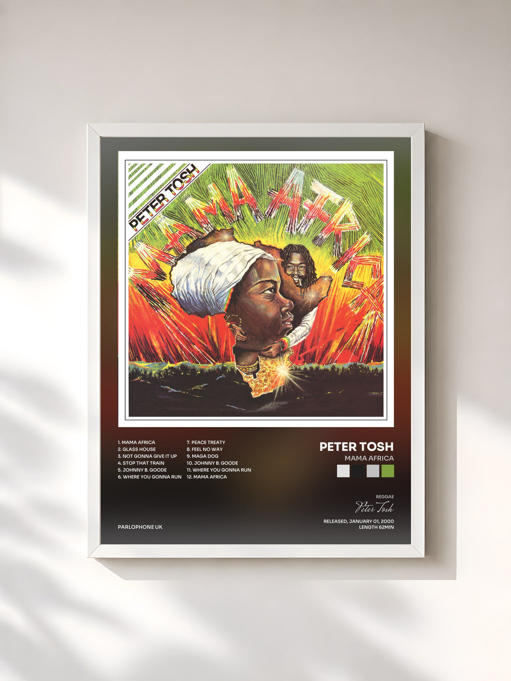 #blanc Tableau de l'album Mama Africa de Peter Tosh, cadre blanc, imprimé et encadré en France