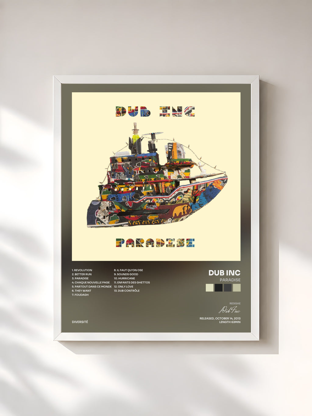 #blanc Tableau de l'album Paradise de Dub Inc, cadre blanc, imprimé et encadré en France