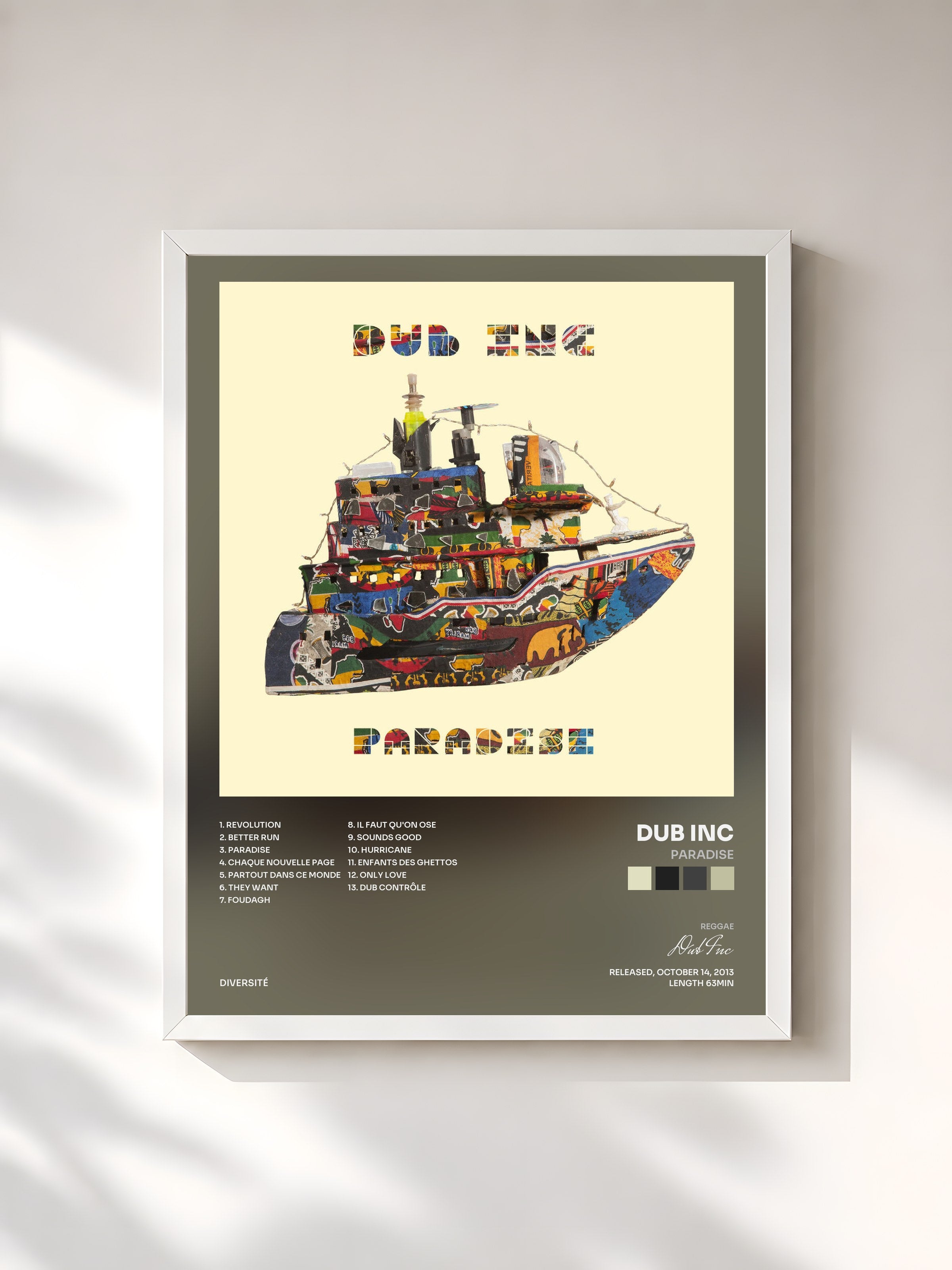 #blanc Tableau de l'album Paradise de Dub Inc, cadre blanc, imprimé et encadré en France