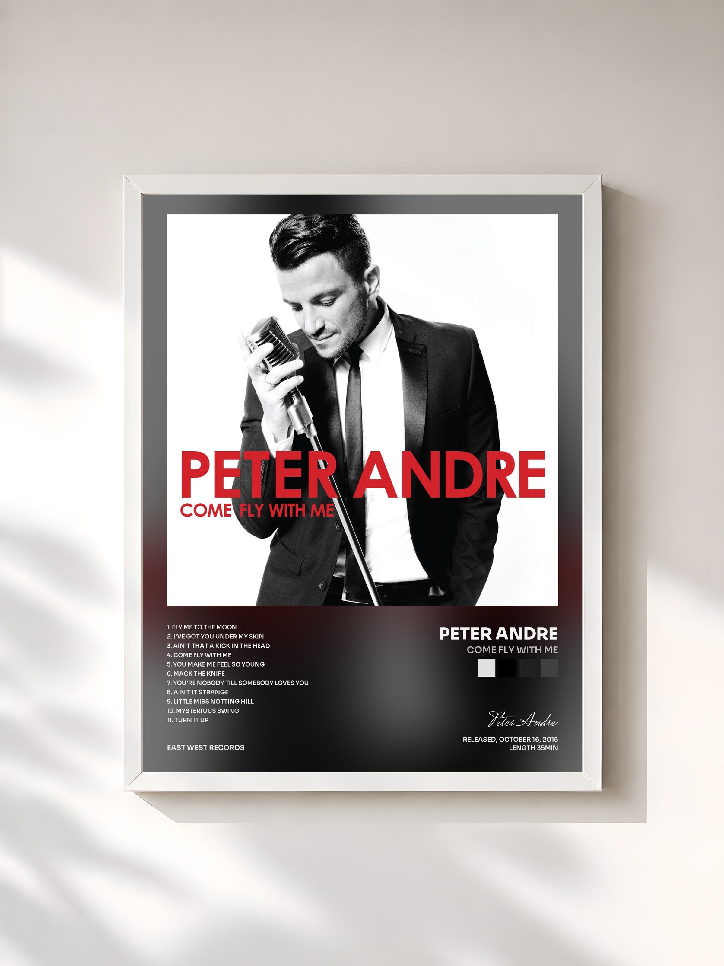 #blanc Tableau de l'album Come Fly With Me de Peter Andre, cadre blanc, imprimé et encadré en France