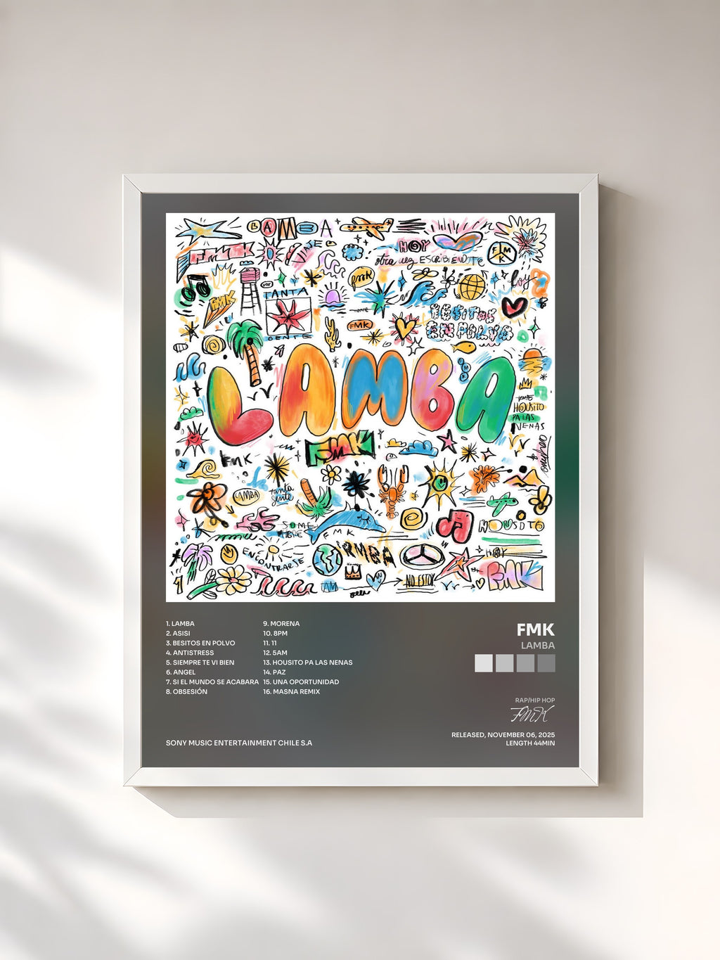 #blanc Tableau de l'album LAMBA de FMK, cadre blanc, imprimé et encadré en France