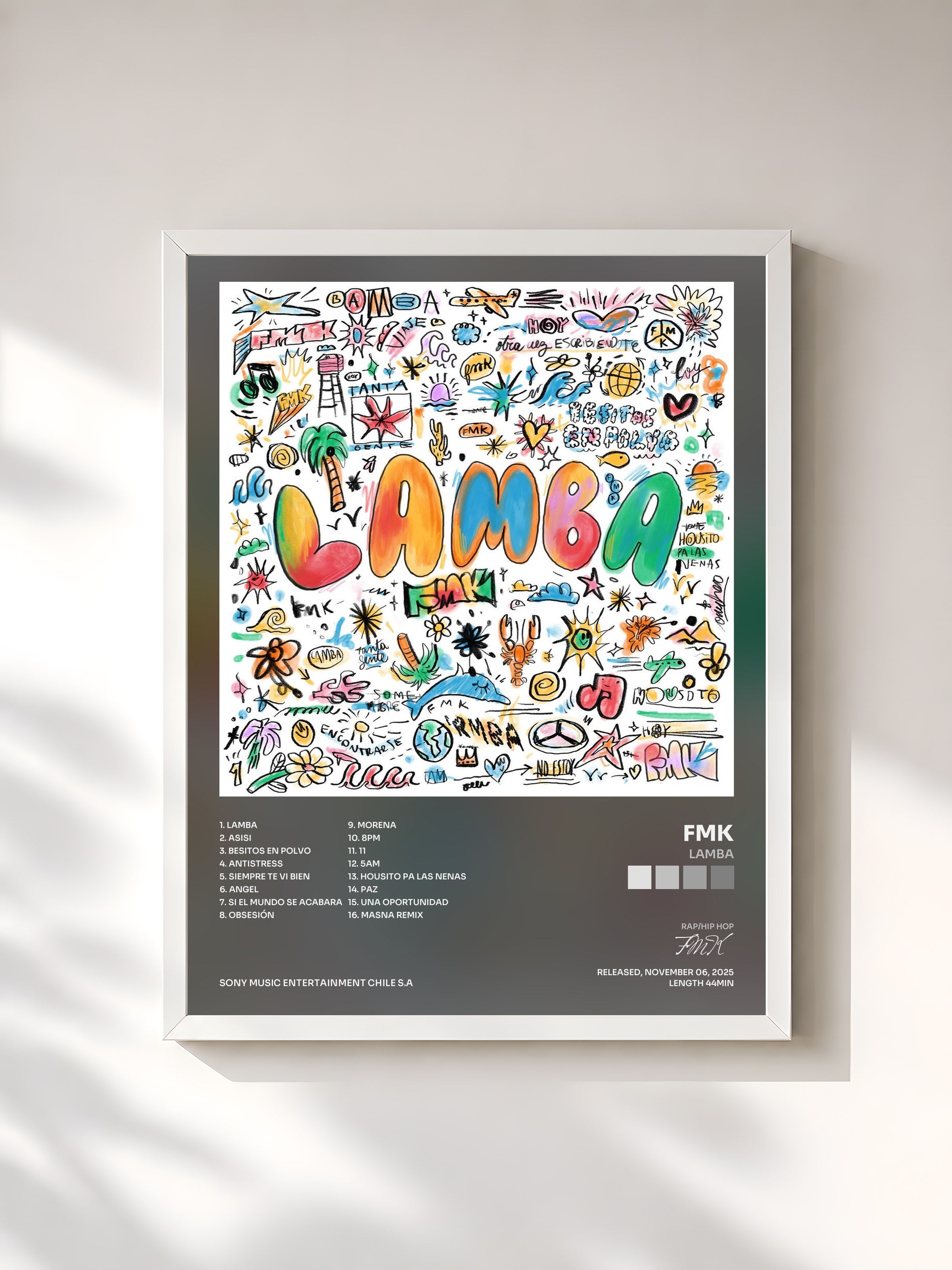 #blanc Tableau de l'album LAMBA de FMK, cadre blanc, imprimé et encadré en France