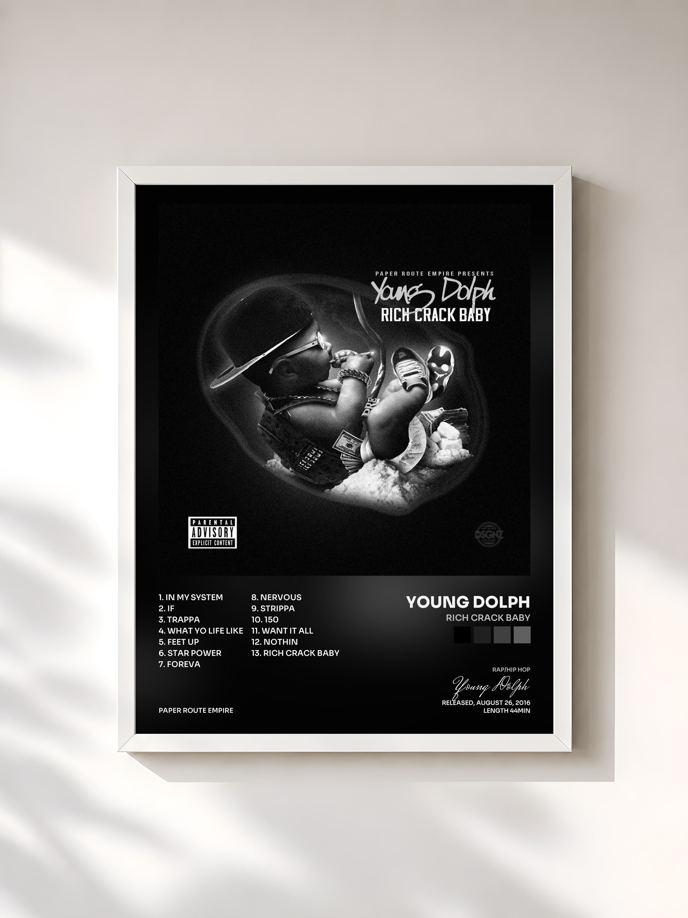 #blanc Tableau de l'album Rich Crack Baby de Young Dolph, cadre blanc, imprimé et encadré en France