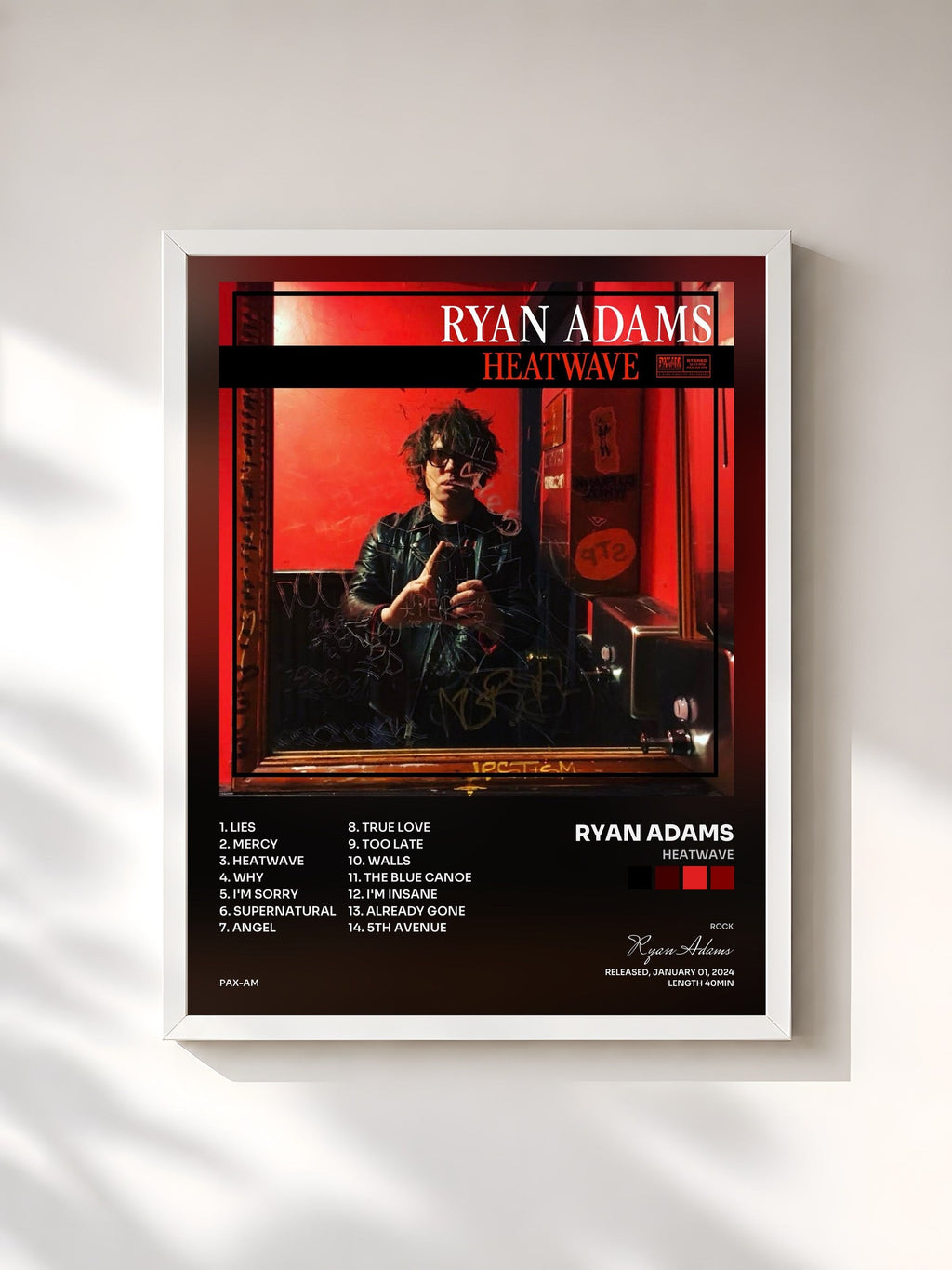 #blanc Tableau de l'album Heatwave de Ryan Adams, cadre blanc, imprimé et encadré en France
