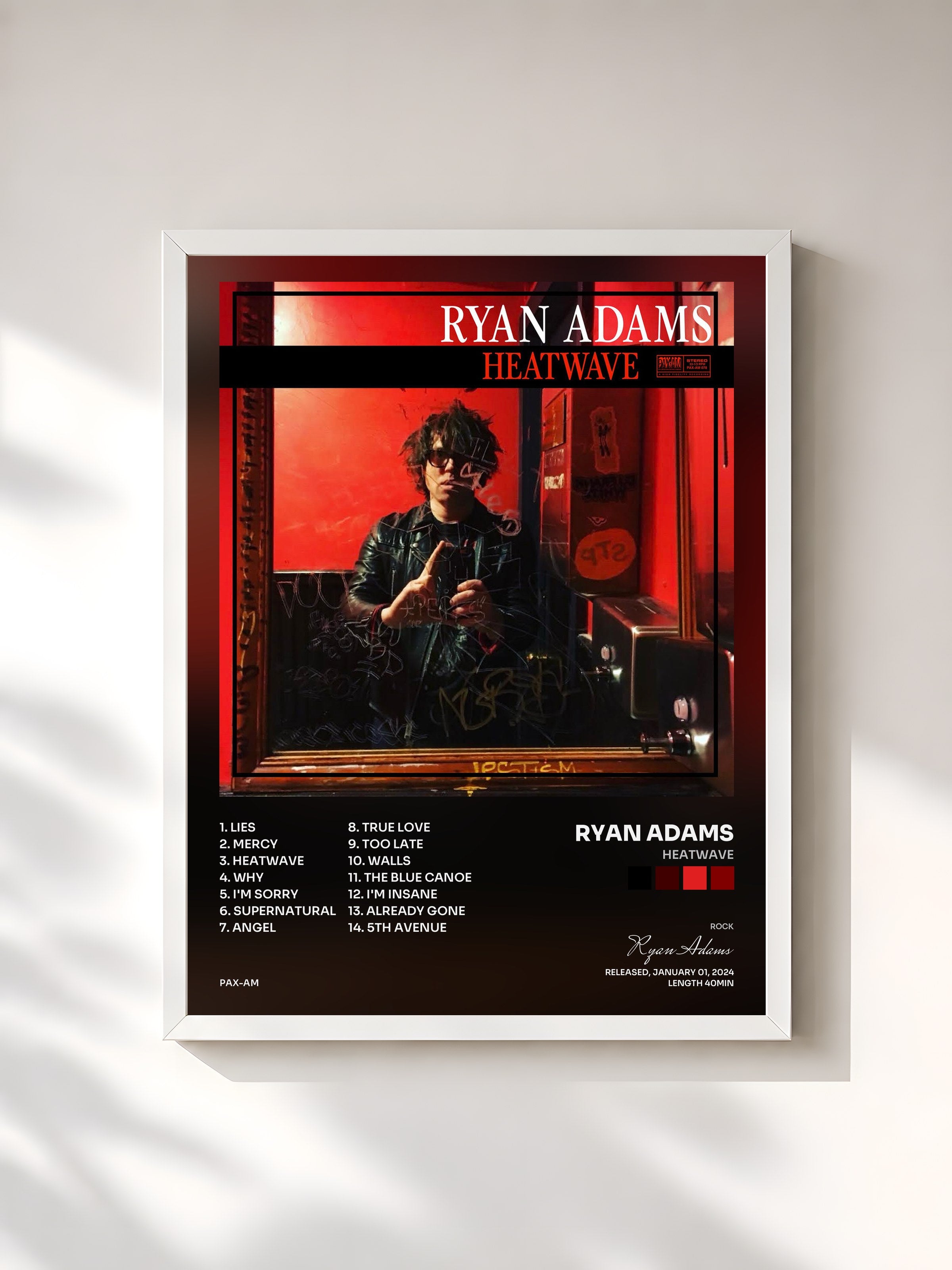 #blanc Tableau de l'album Heatwave de Ryan Adams, cadre blanc, imprimé et encadré en France