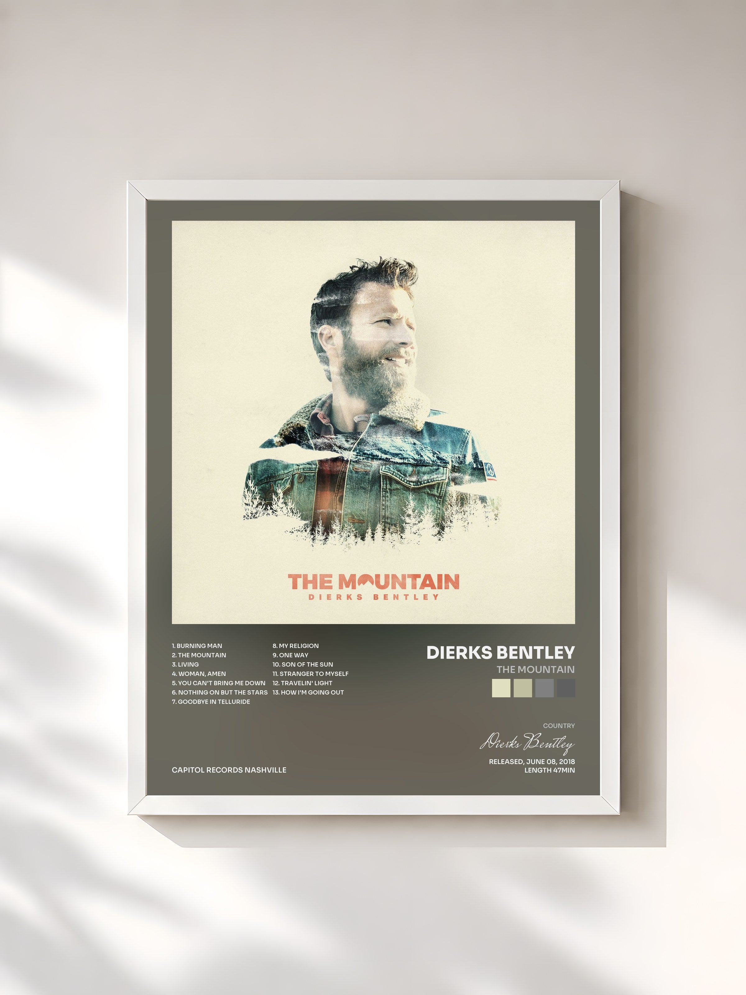 #blanc Tableau de l'album The Mountain de Dierks Bentley, cadre blanc, imprimé et encadré en France