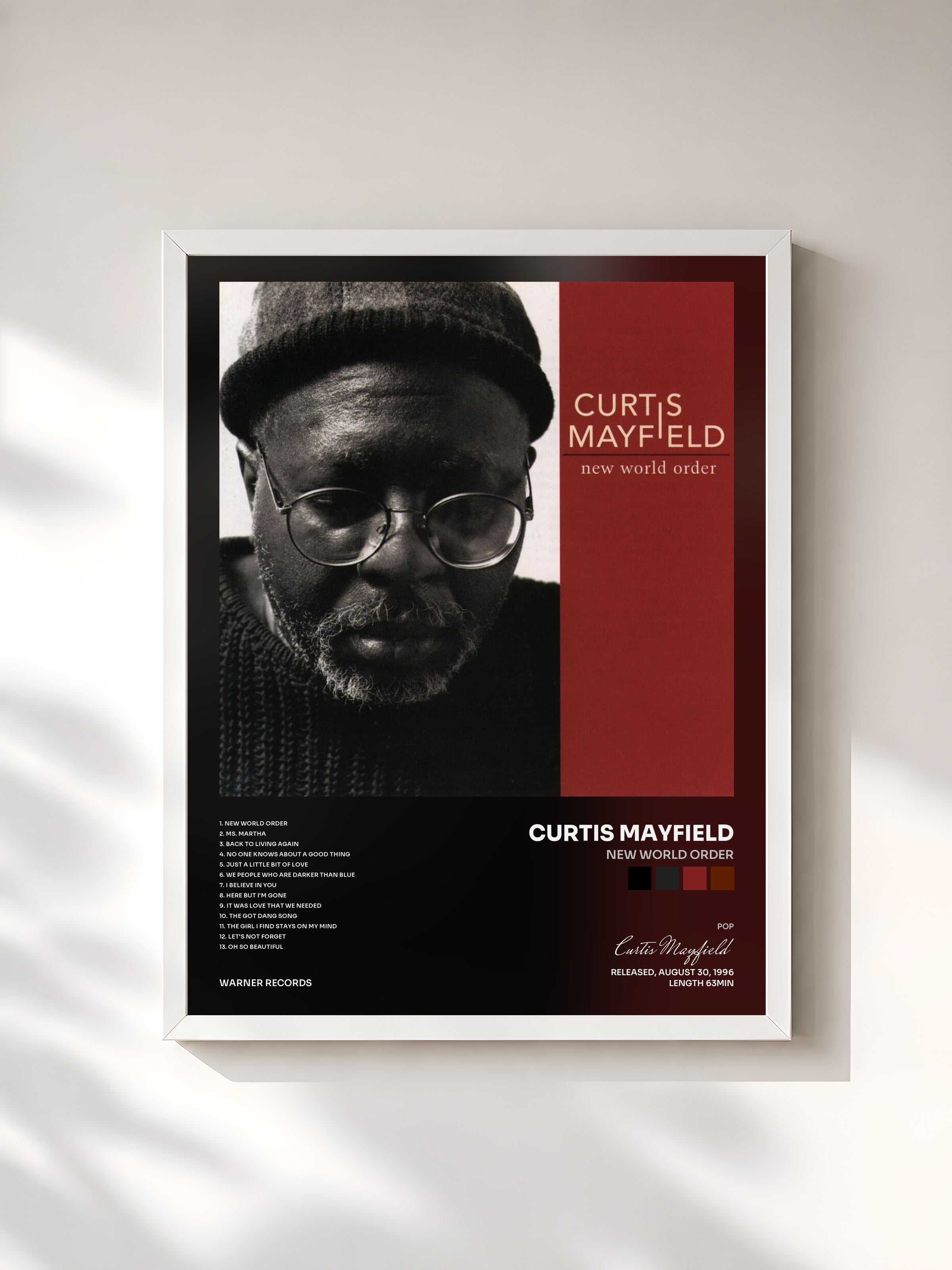 #blanc Tableau de l'album New World Order de Curtis Mayfield, cadre blanc, imprimé et encadré en France