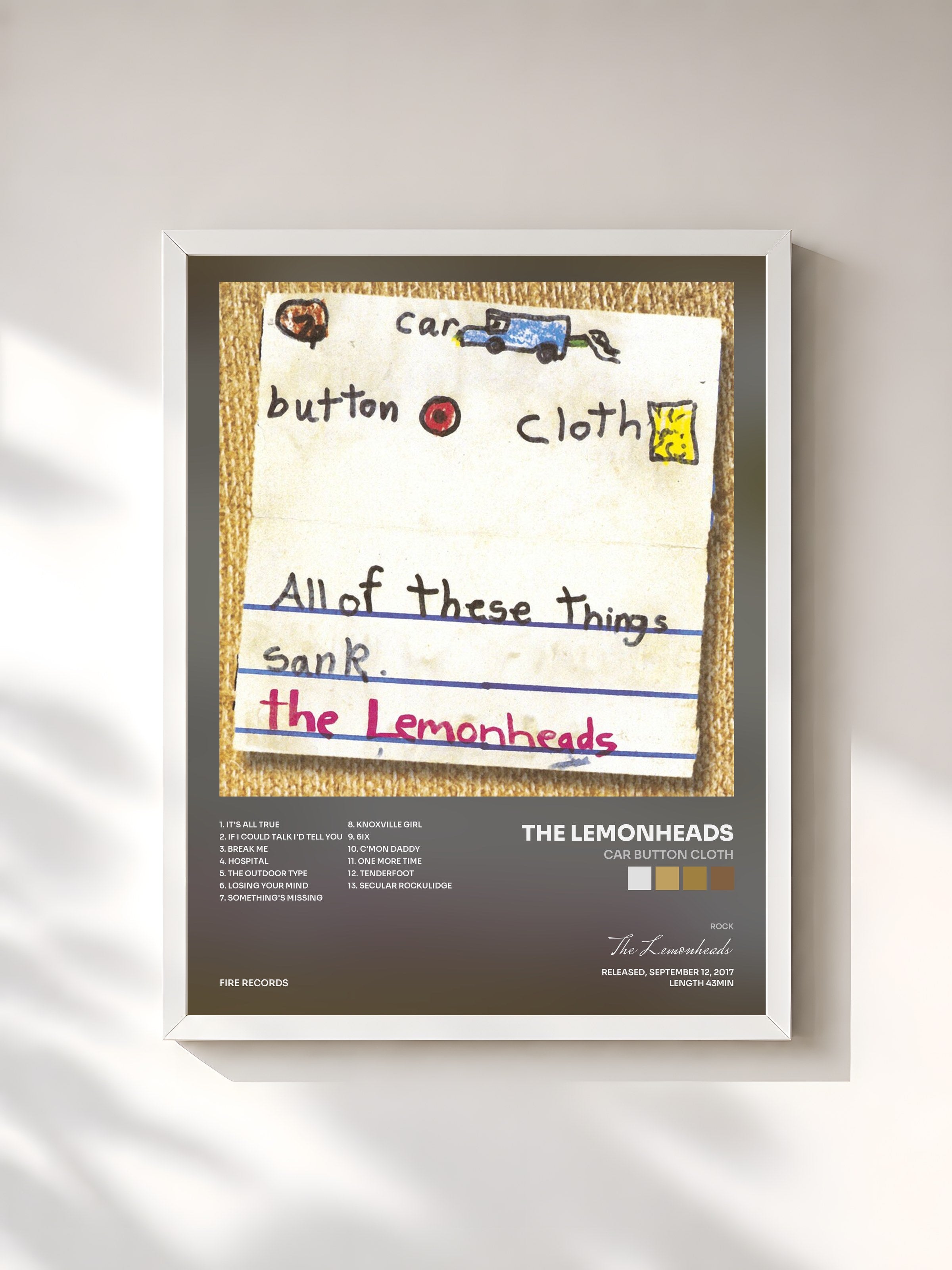 #blanc Tableau de l'album Car Button Cloth de The Lemonheads, cadre blanc, imprimé et encadré en France