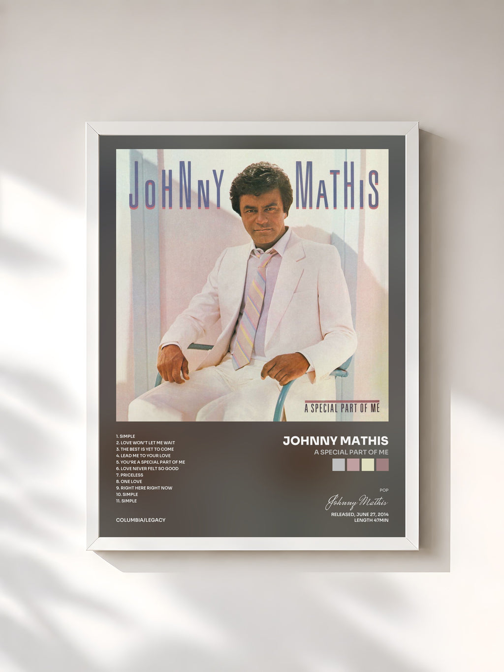 #blanc A Special Part of Me by Johnny Mathis as a framed art print, white frame, printed and framed in France