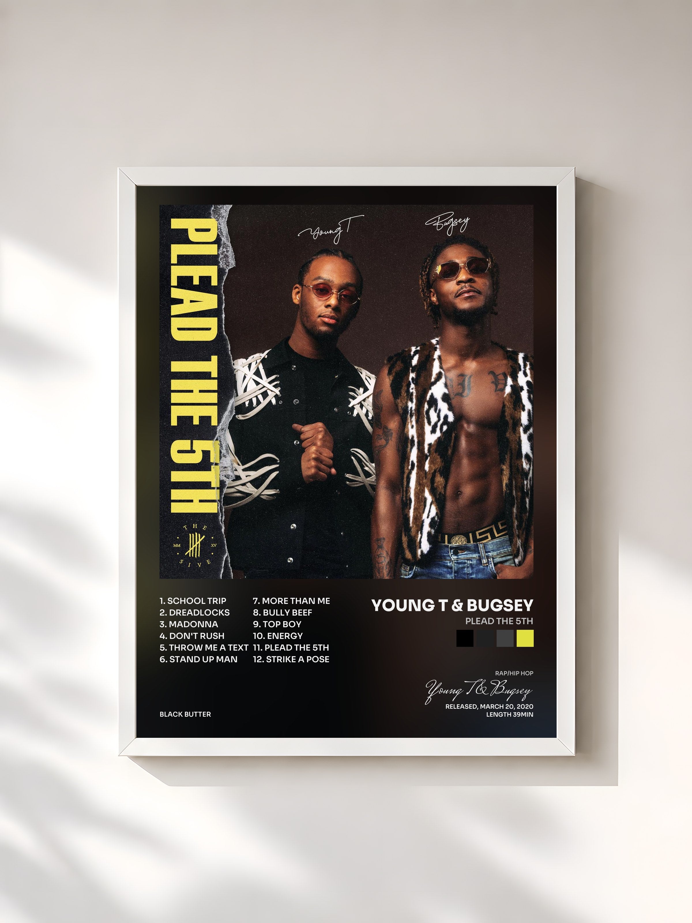 #blanc Tableau de l'album Plead The 5th de Young T & Bugsey, cadre blanc, imprimé et encadré en France