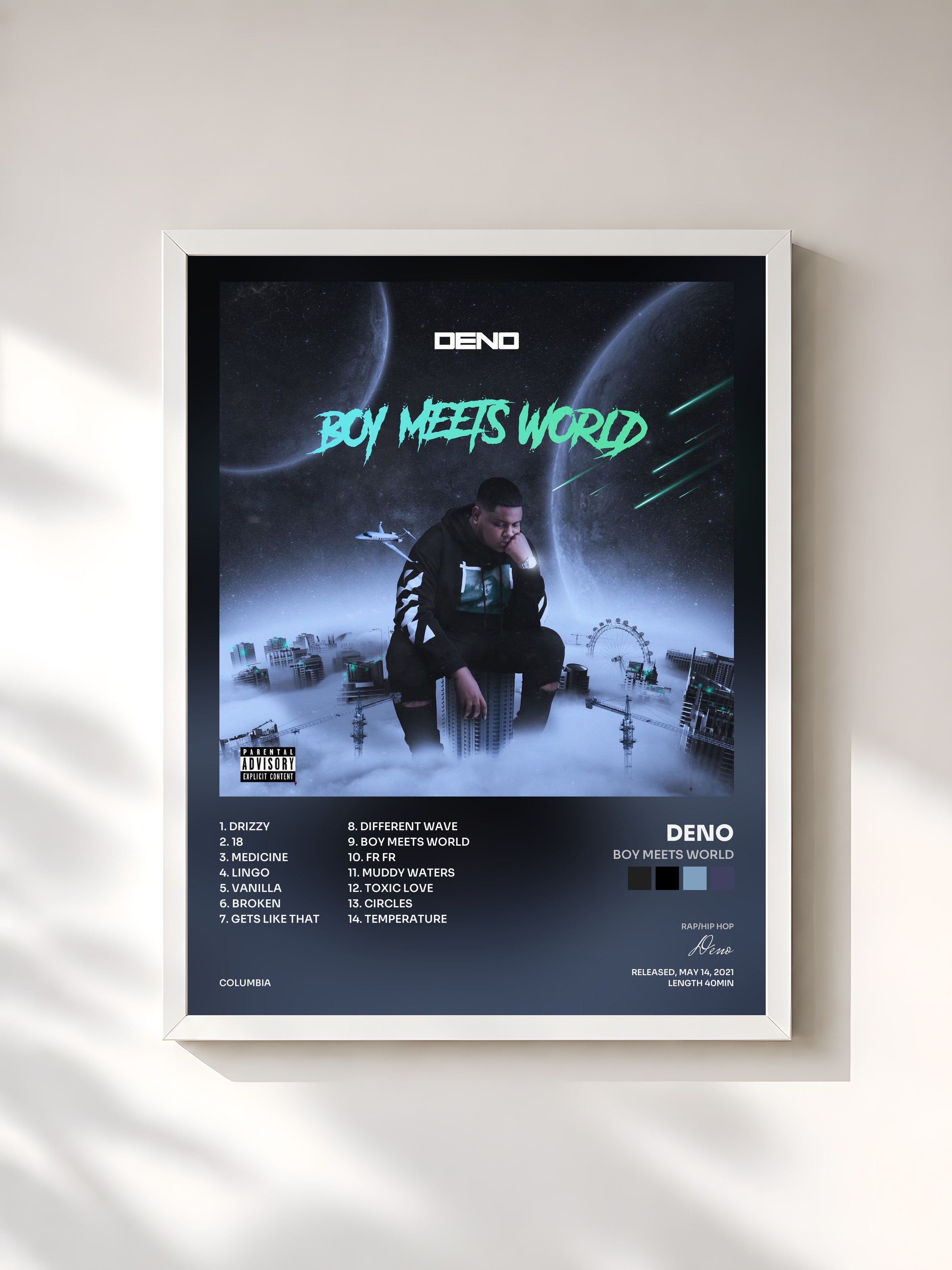 #blanc Tableau de l'album Boy Meets World de Deno, cadre blanc, imprimé et encadré en France