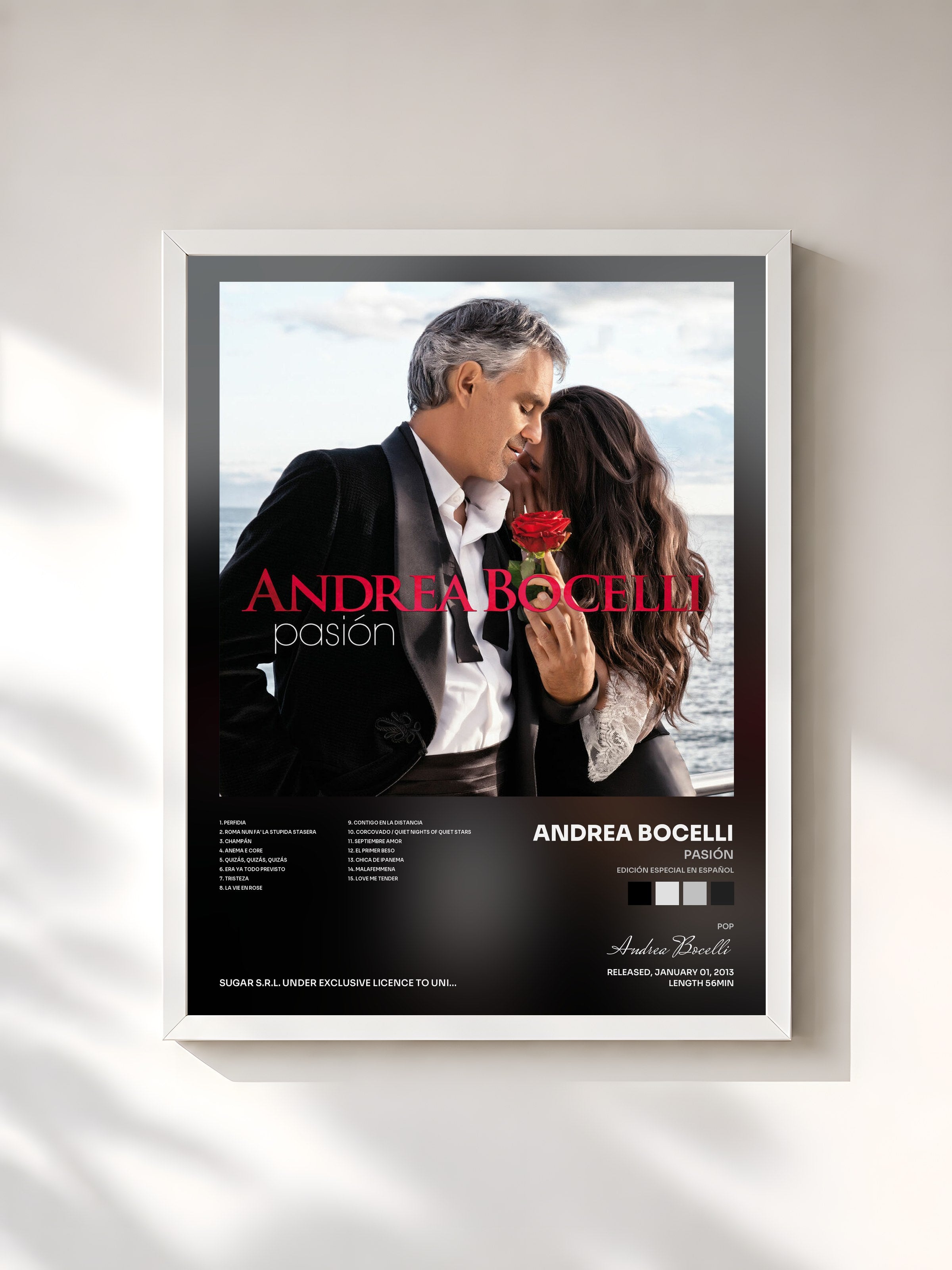 #blanc Tableau de l'album Pasión (Edición Especial En Español) de Andrea Bocelli, cadre blanc, imprimé et encadré en France