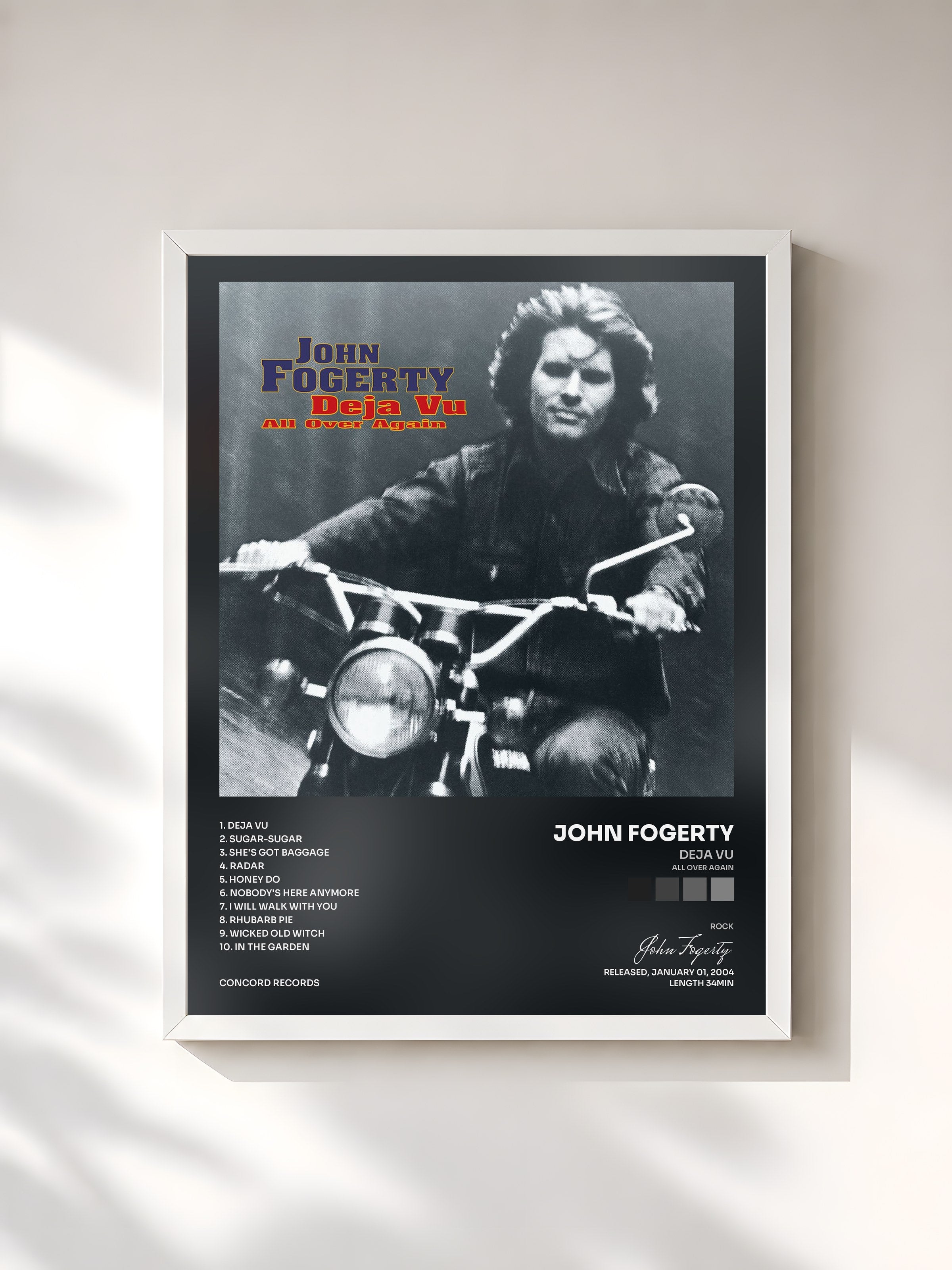 #blanc Tableau de l'album Deja Vu (All Over Again) de John Fogerty, cadre blanc, imprimé et encadré en France