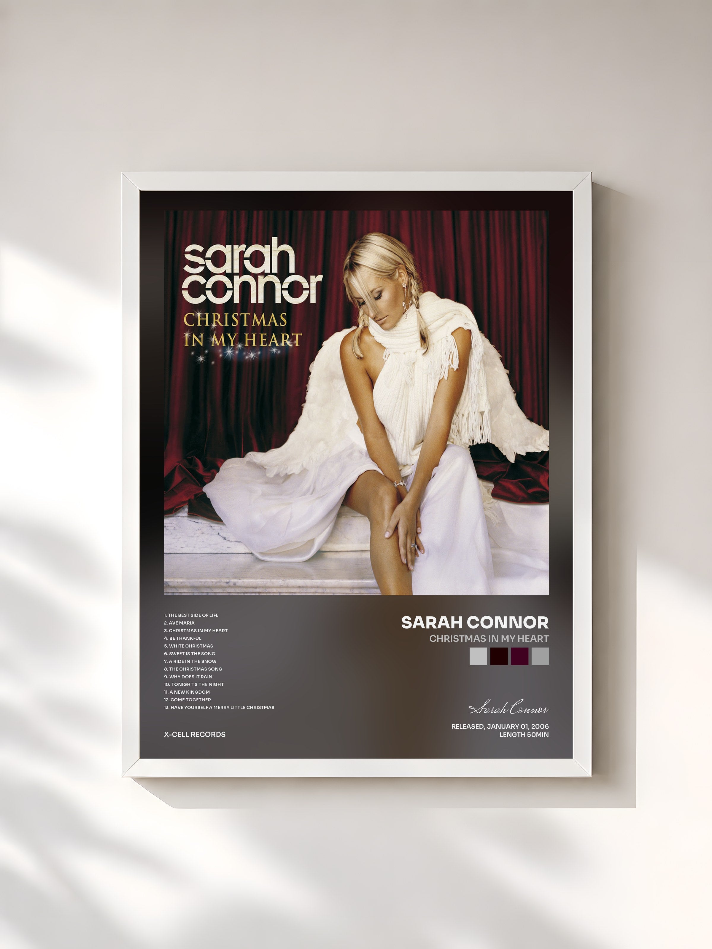 #blanc Tableau de l'album Christmas In My Heart de Sarah Connor, cadre blanc, imprimé et encadré en France