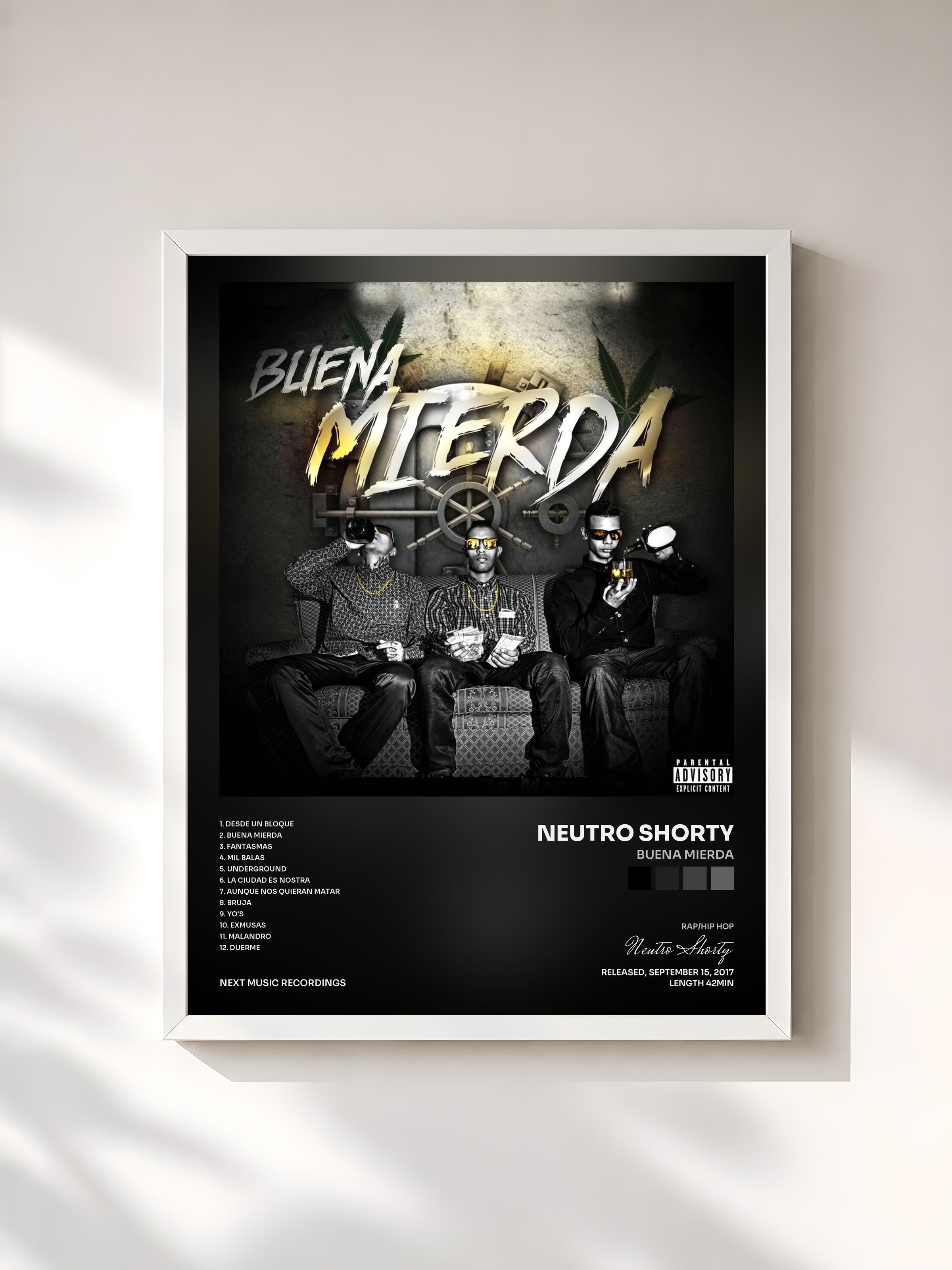 #blanc Tableau de l'album Buena Mierda de Neutro Shorty, cadre blanc, imprimé et encadré en France