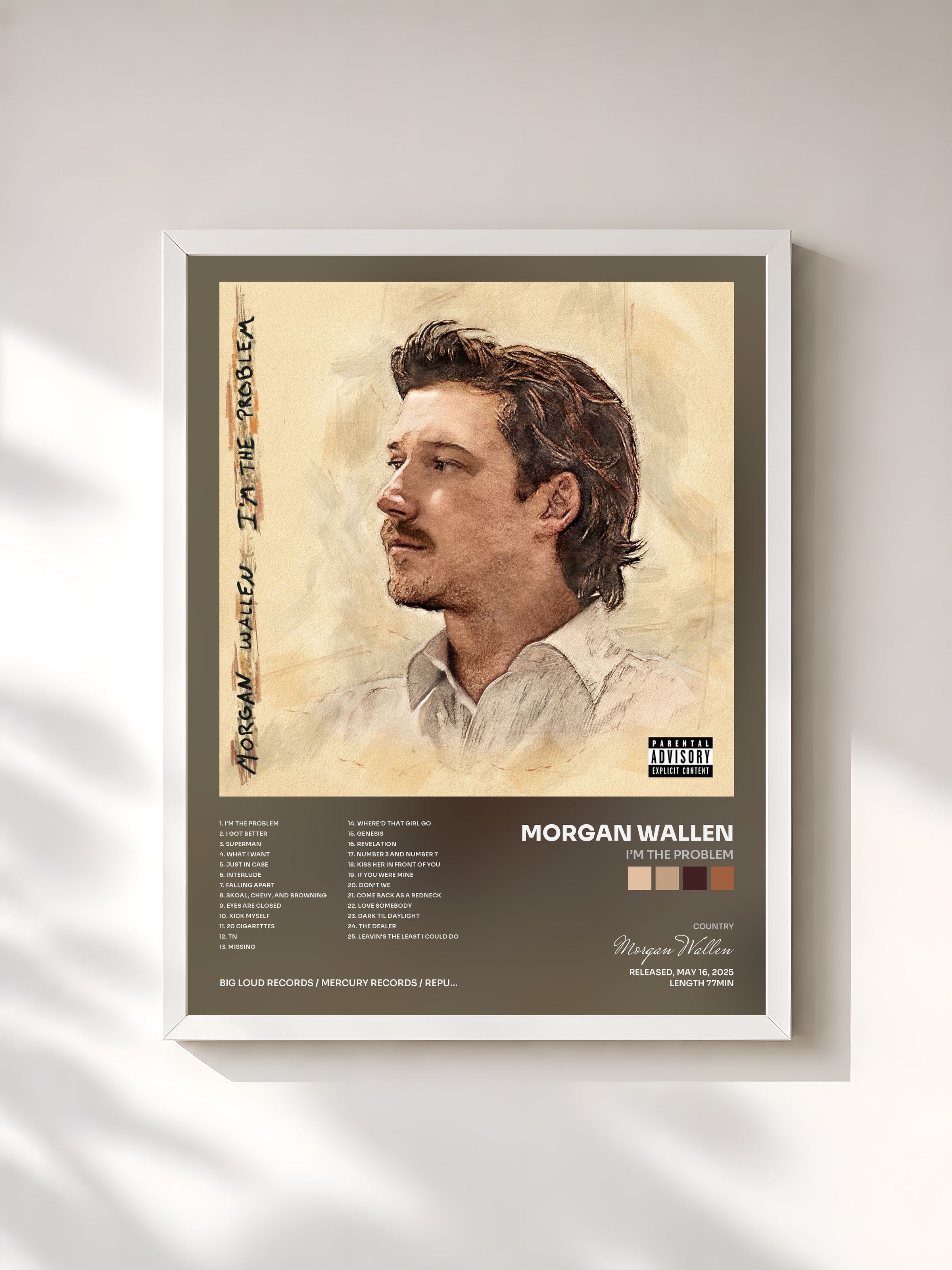 #blanc Tableau de l'album I’m The Problem de Morgan Wallen, cadre blanc, imprimé et encadré en France