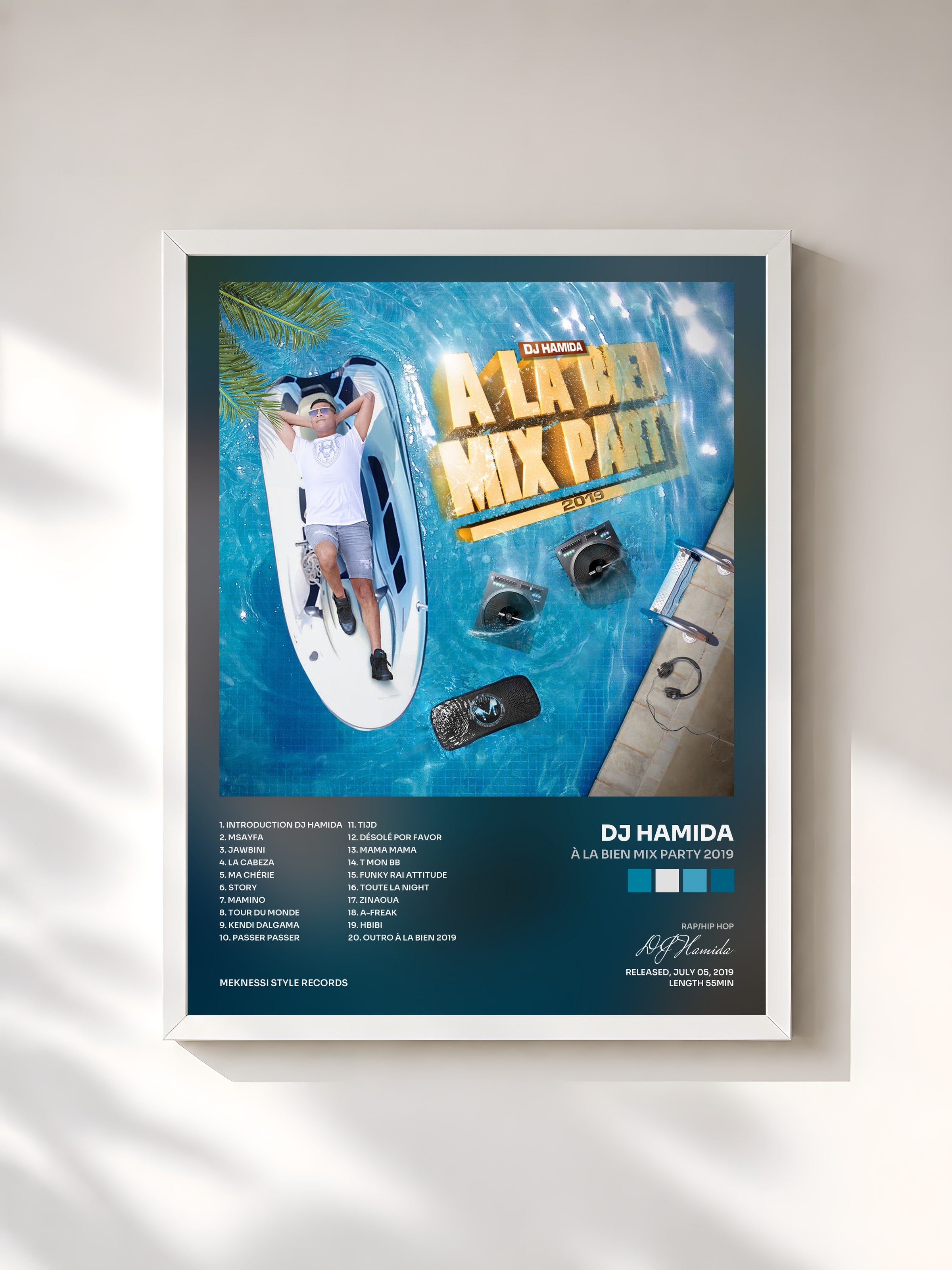 #blanc Tableau de l'album À la bien Mix Party 2019 de DJ Hamida, cadre blanc, imprimé et encadré en France