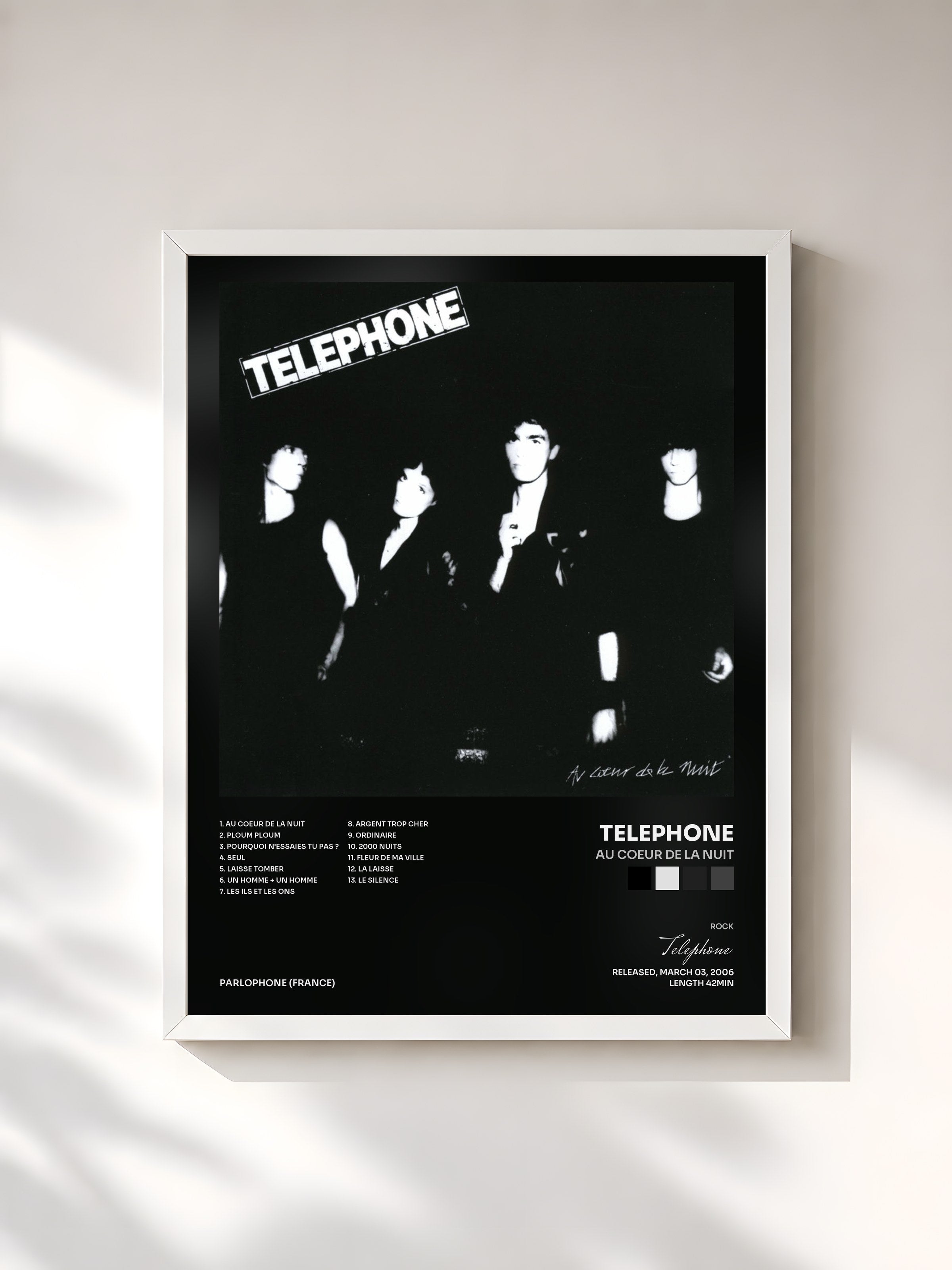 #blanc Tableau de l'album Au Coeur de la Nuit de Telephone, cadre blanc, imprimé et encadré en France