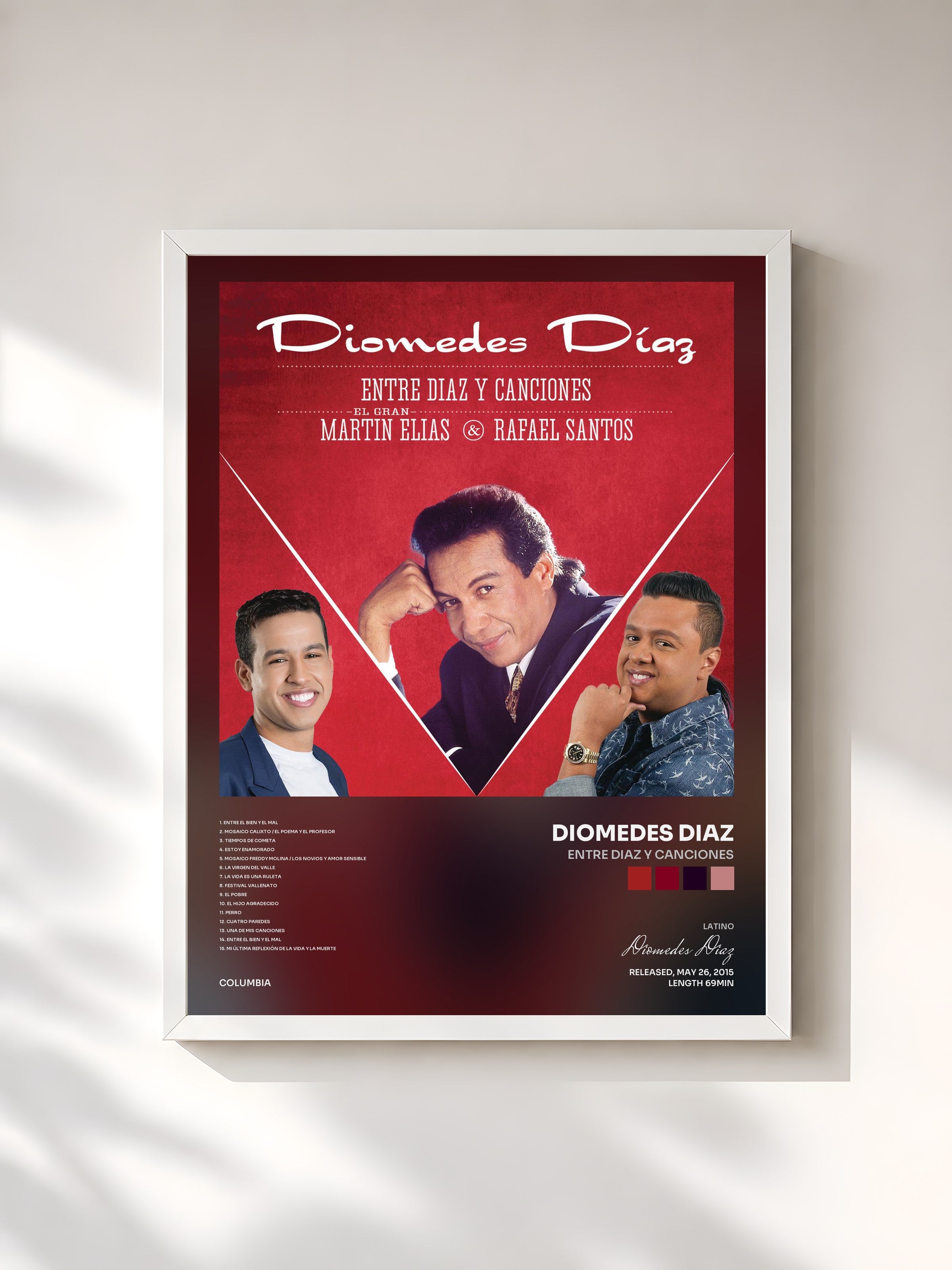 #blanc Tableau de l'album Entre Diaz y Canciones de Diomedes Diaz, cadre blanc, imprimé et encadré en France