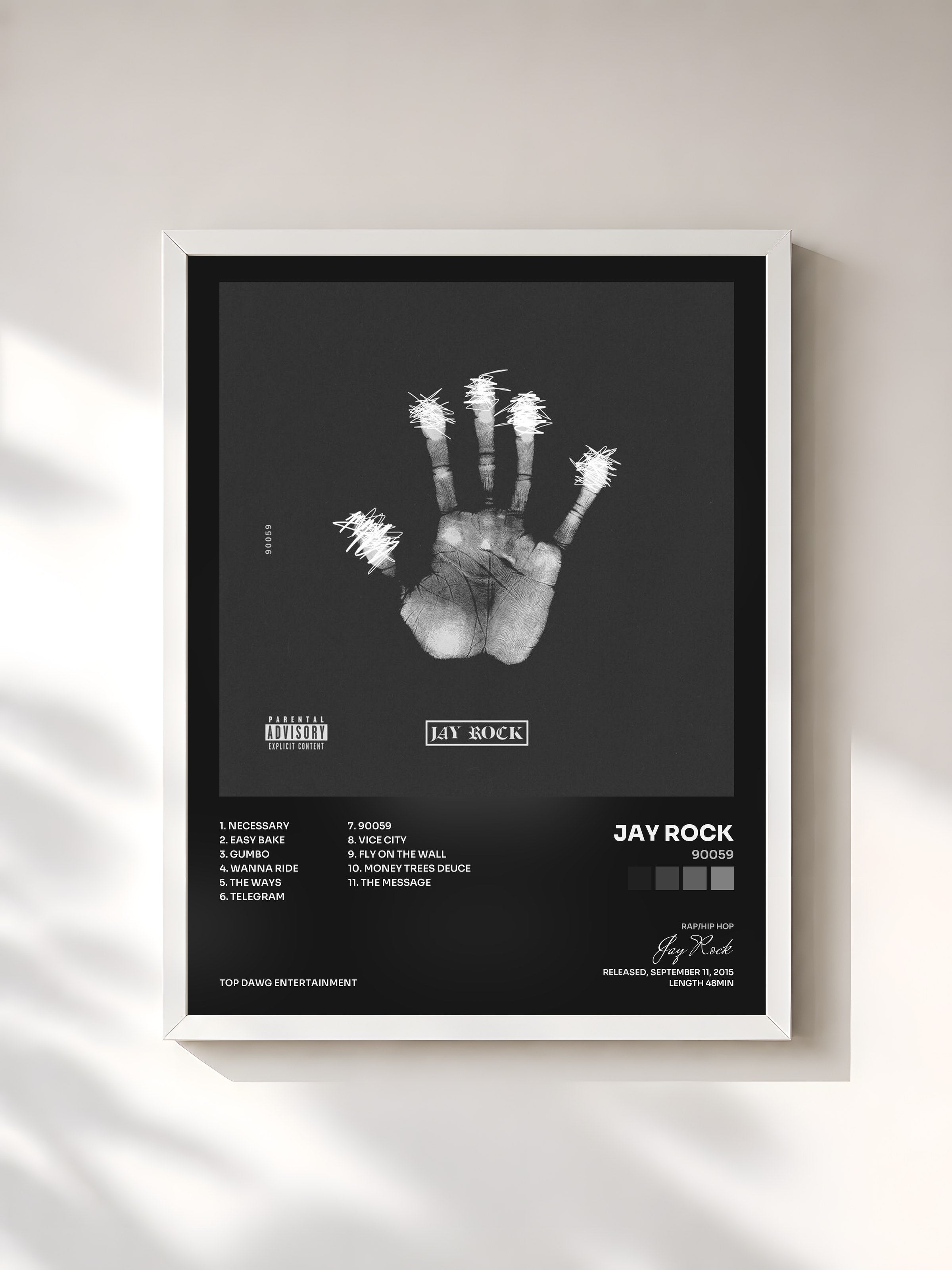 #blanc Tableau de l'album 90059 de Jay Rock, cadre blanc, imprimé et encadré en France
