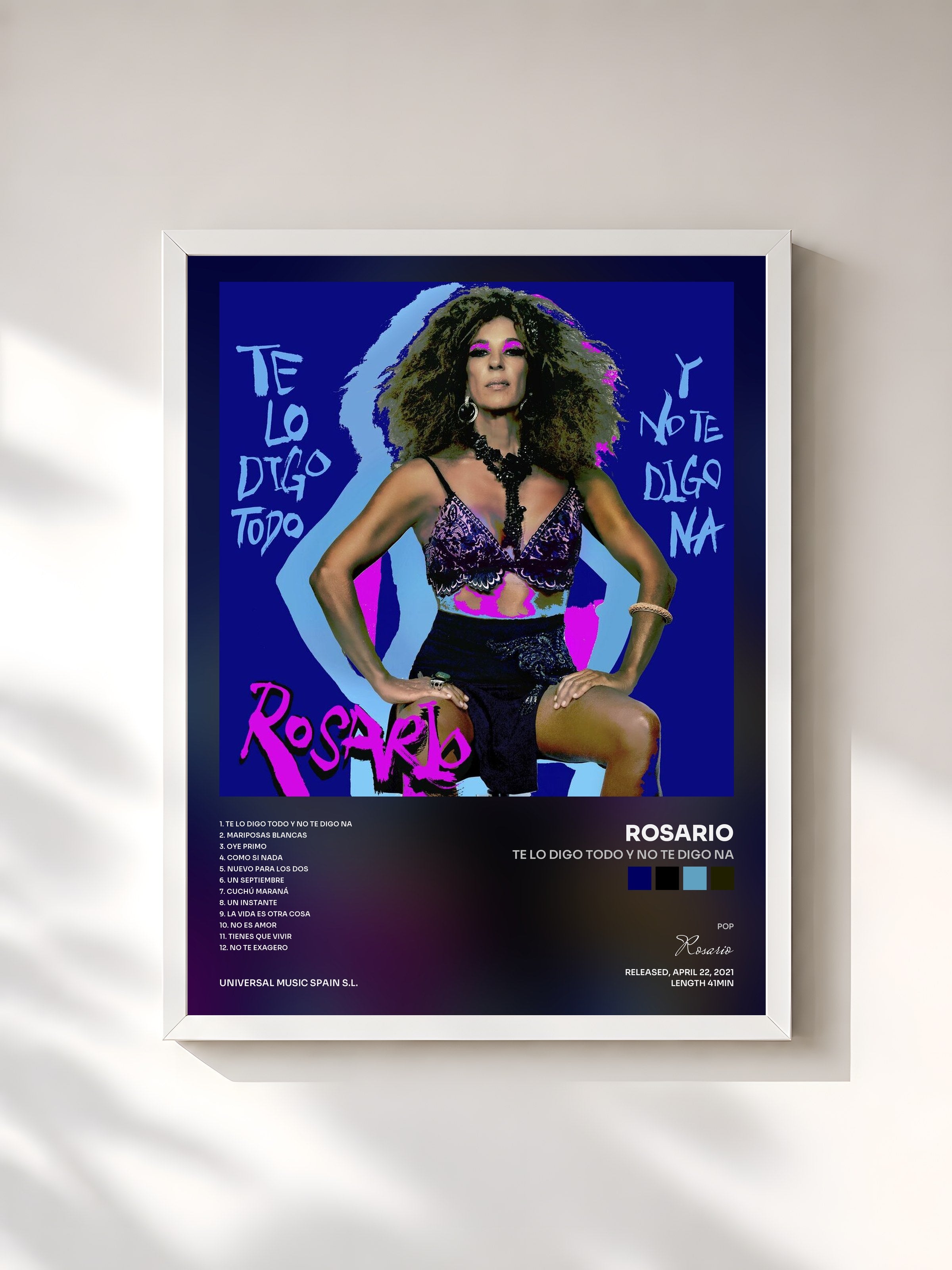 #blanc Tableau de l'album Te Lo Digo Todo Y No Te Digo Na de Rosario, cadre blanc, imprimé et encadré en France