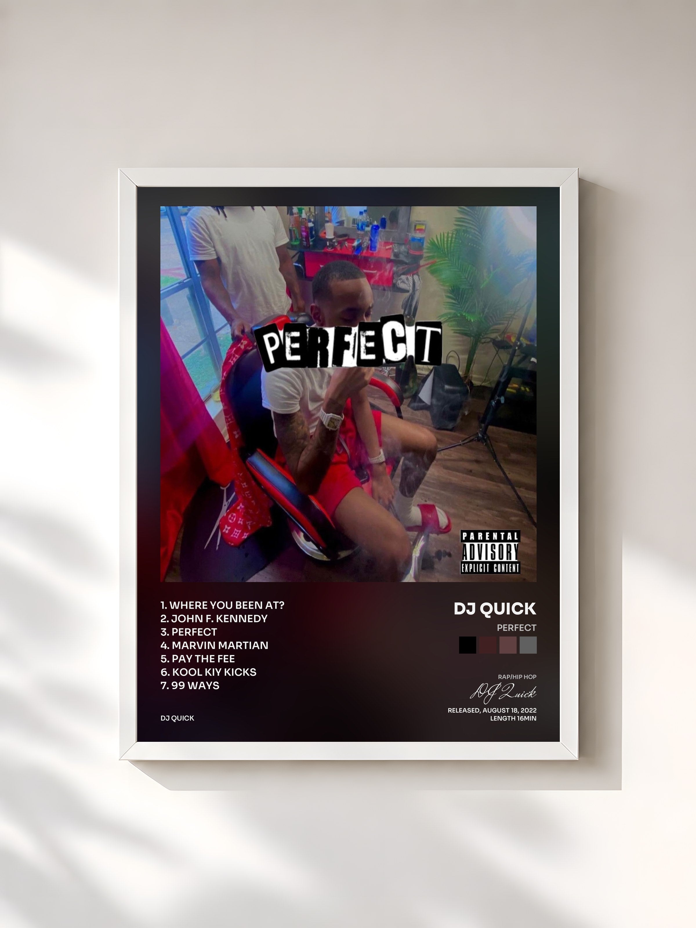#blanc Tableau de l'album Perfect de DJ Quick, cadre blanc, imprimé et encadré en France