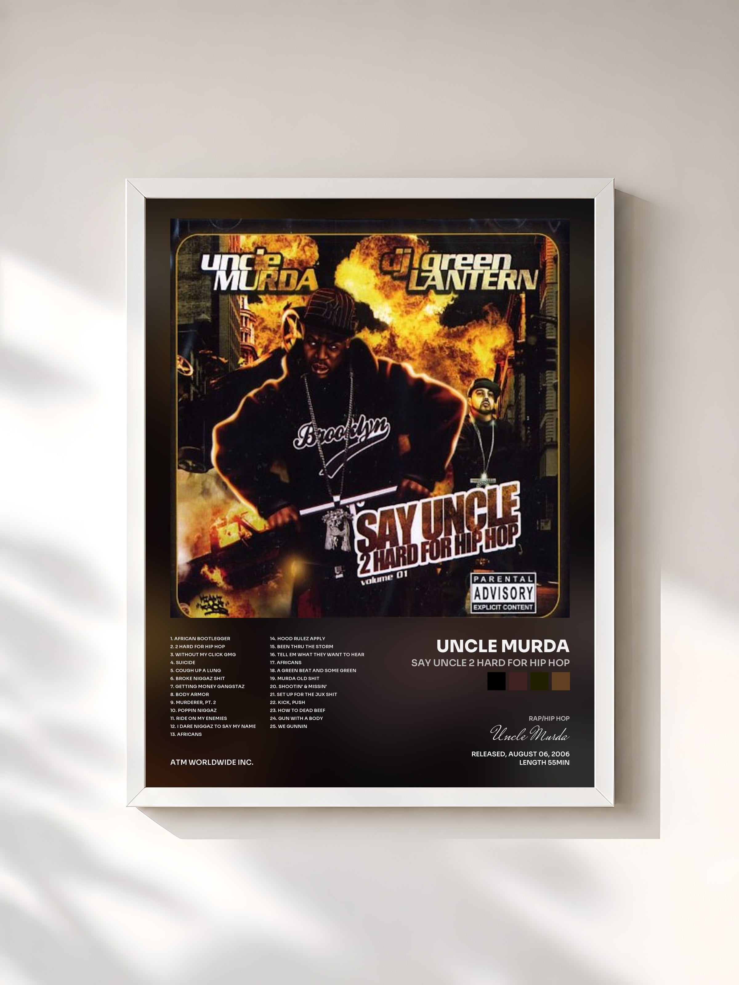 #blanc Tableau de l'album Say Uncle 2 Hard for Hip Hop de Uncle Murda, cadre blanc, imprimé et encadré en France