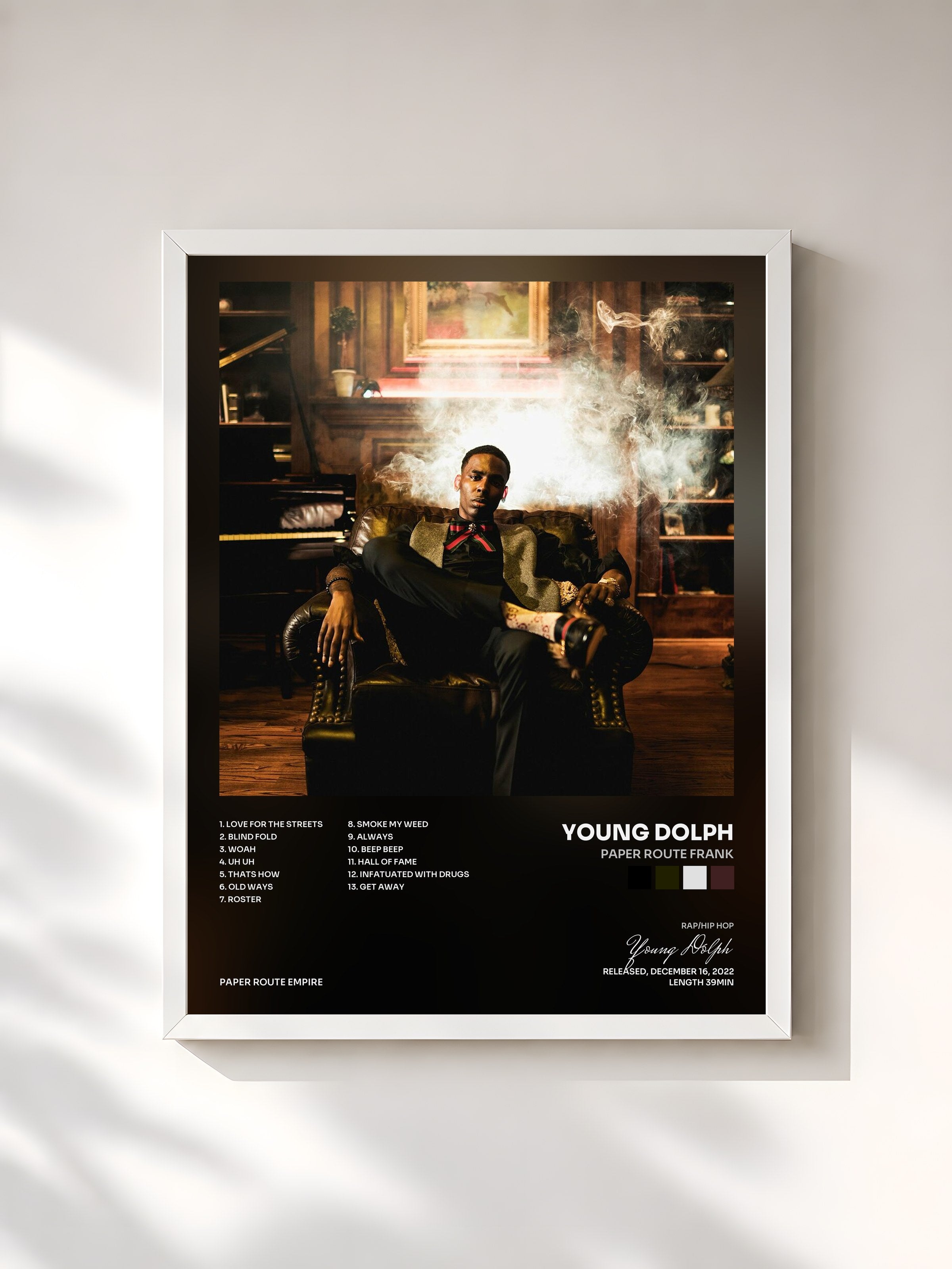 #blanc Tableau de l'album Paper Route Frank de Young Dolph, cadre blanc, imprimé et encadré en France