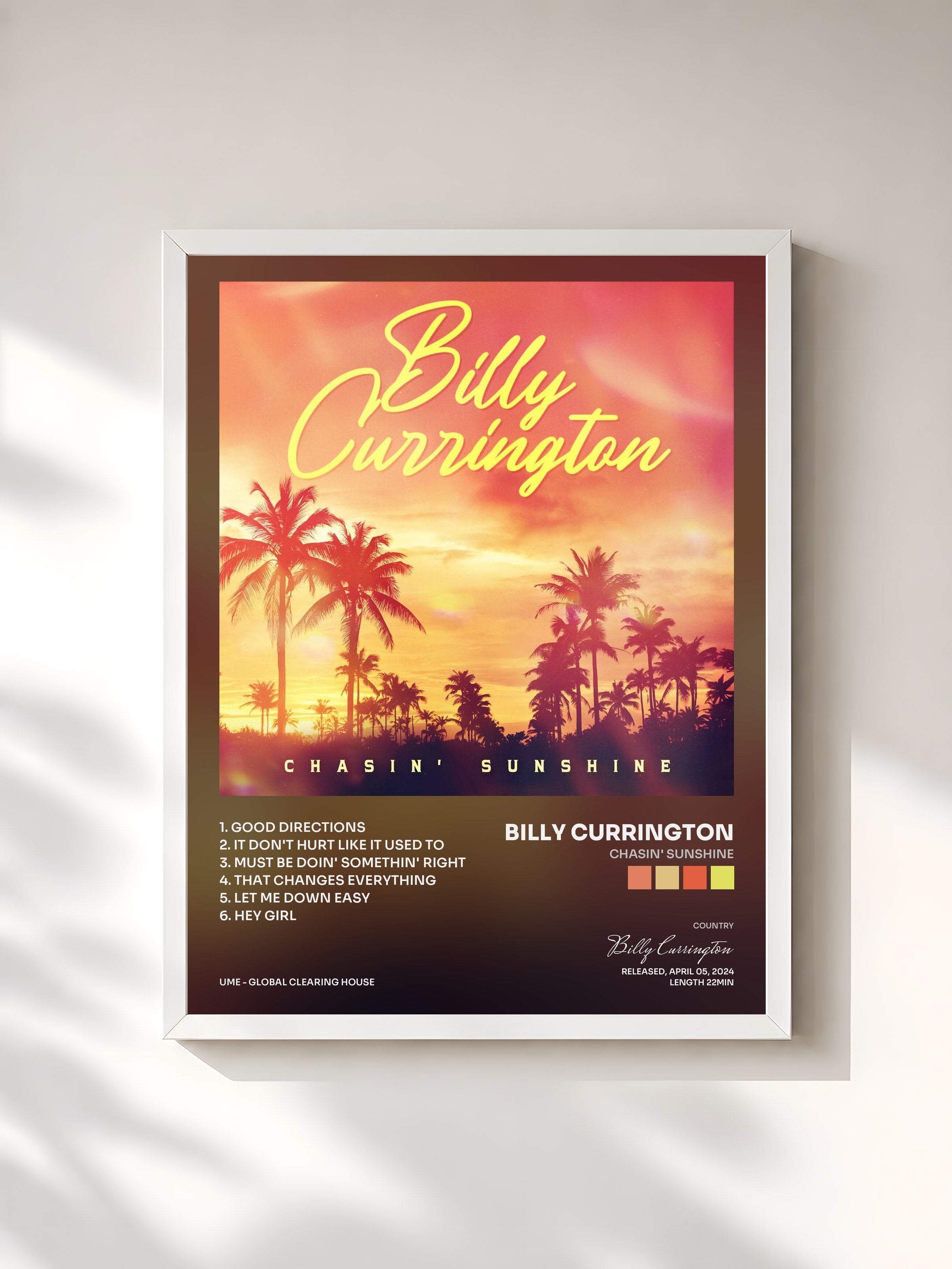 #blanc Tableau de l'album Chasin' Sunshine de Billy Currington, cadre blanc, imprimé et encadré en France