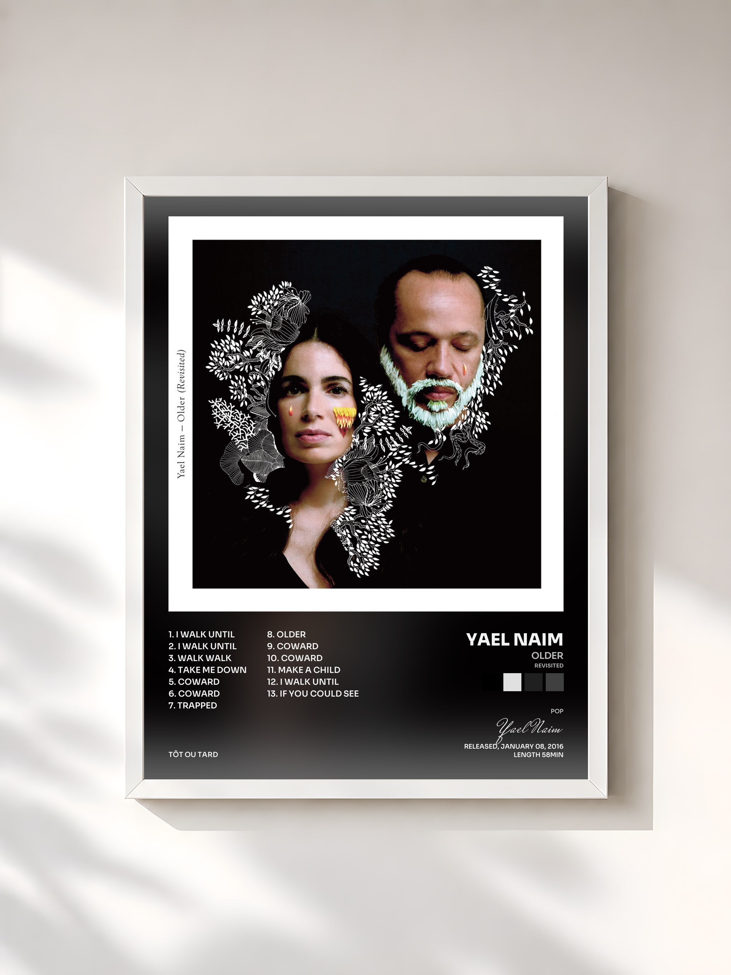 #blanc Tableau de l'album Older (Revisited) de Yael Naim, cadre blanc, imprimé et encadré en France