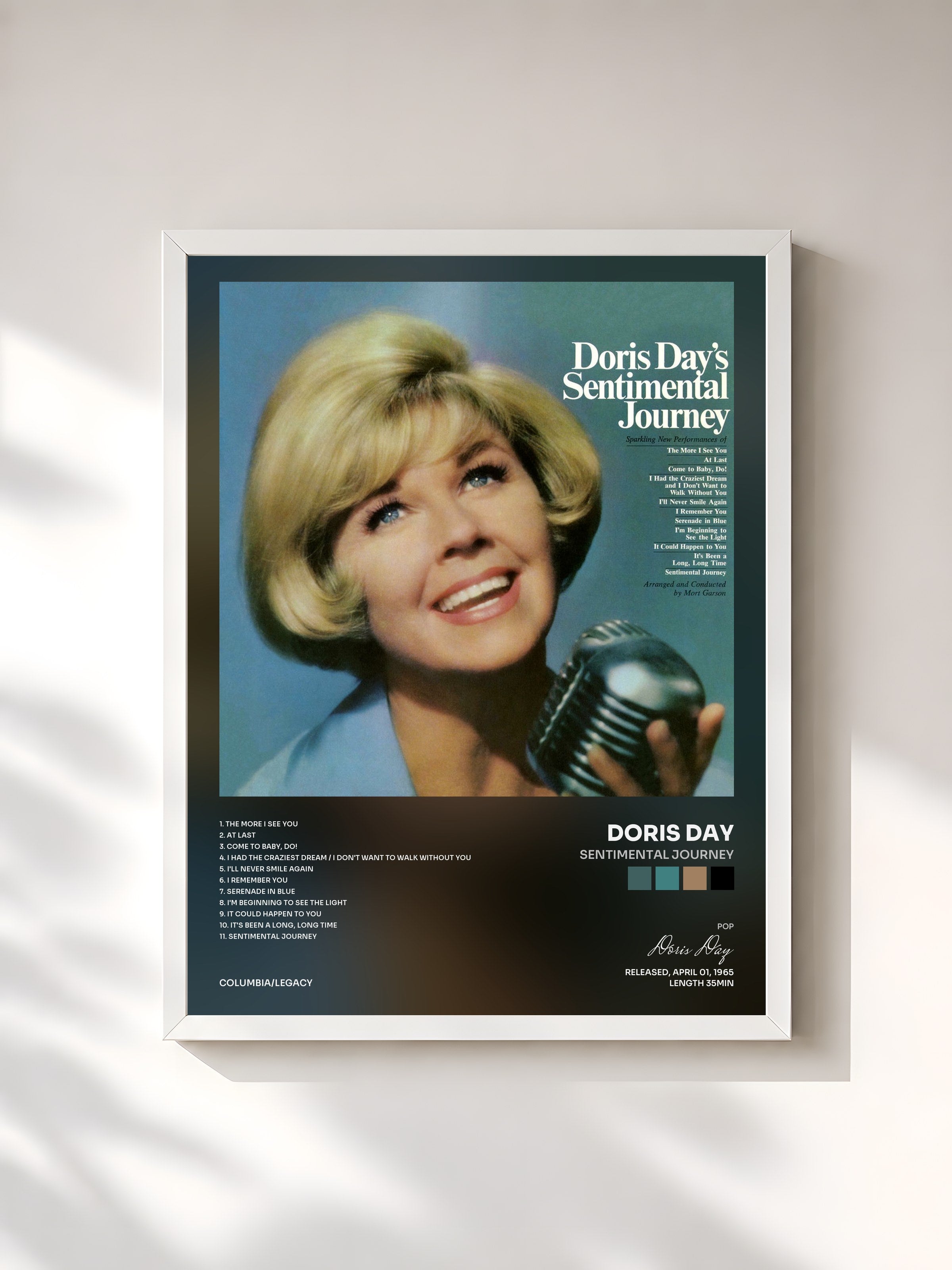 #blanc Tableau de l'album Sentimental Journey de Doris Day, cadre blanc, imprimé et encadré en France