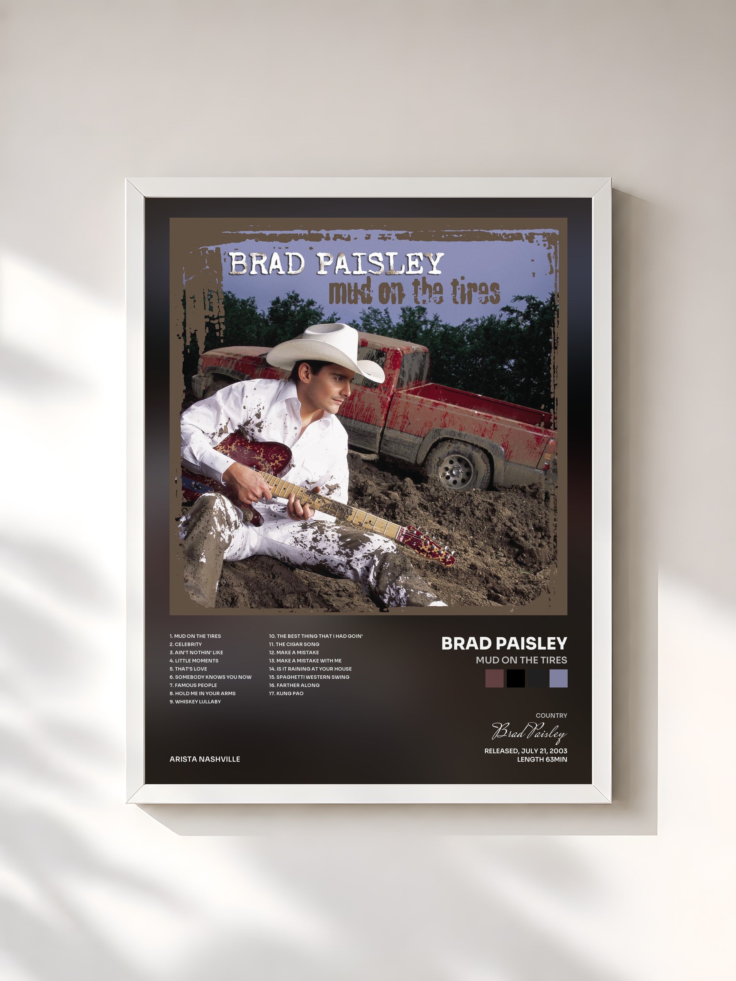 #blanc Tableau de l'album Mud On The Tires de Brad Paisley, cadre blanc, imprimé et encadré en France