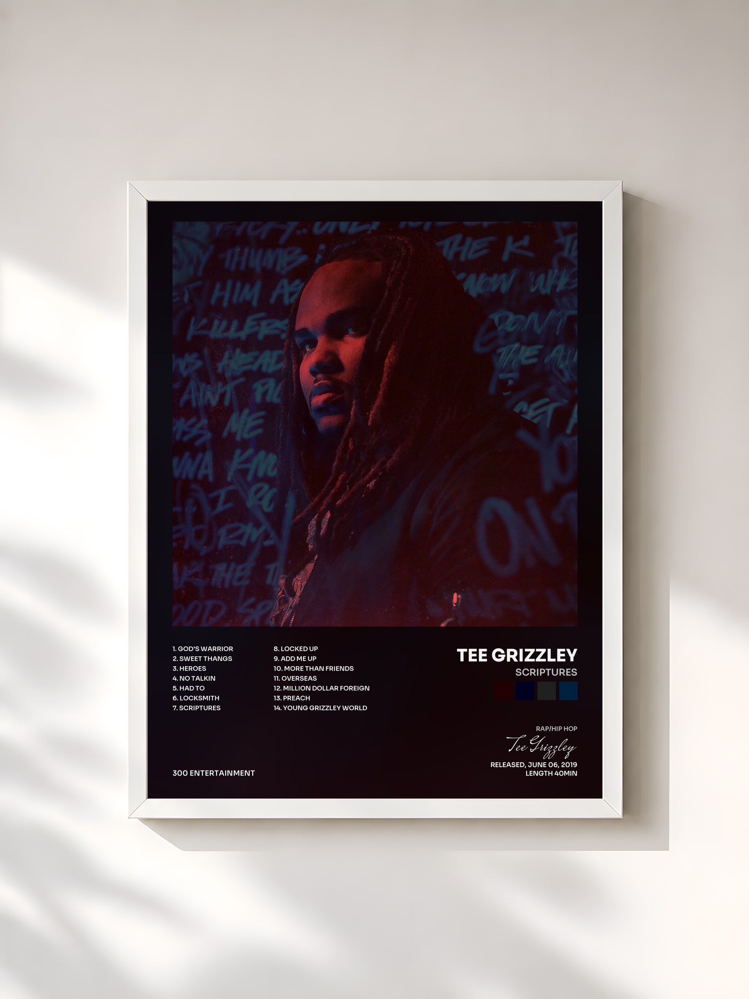 #blanc Tableau de l'album Scriptures de Tee Grizzley, cadre blanc, imprimé et encadré en France