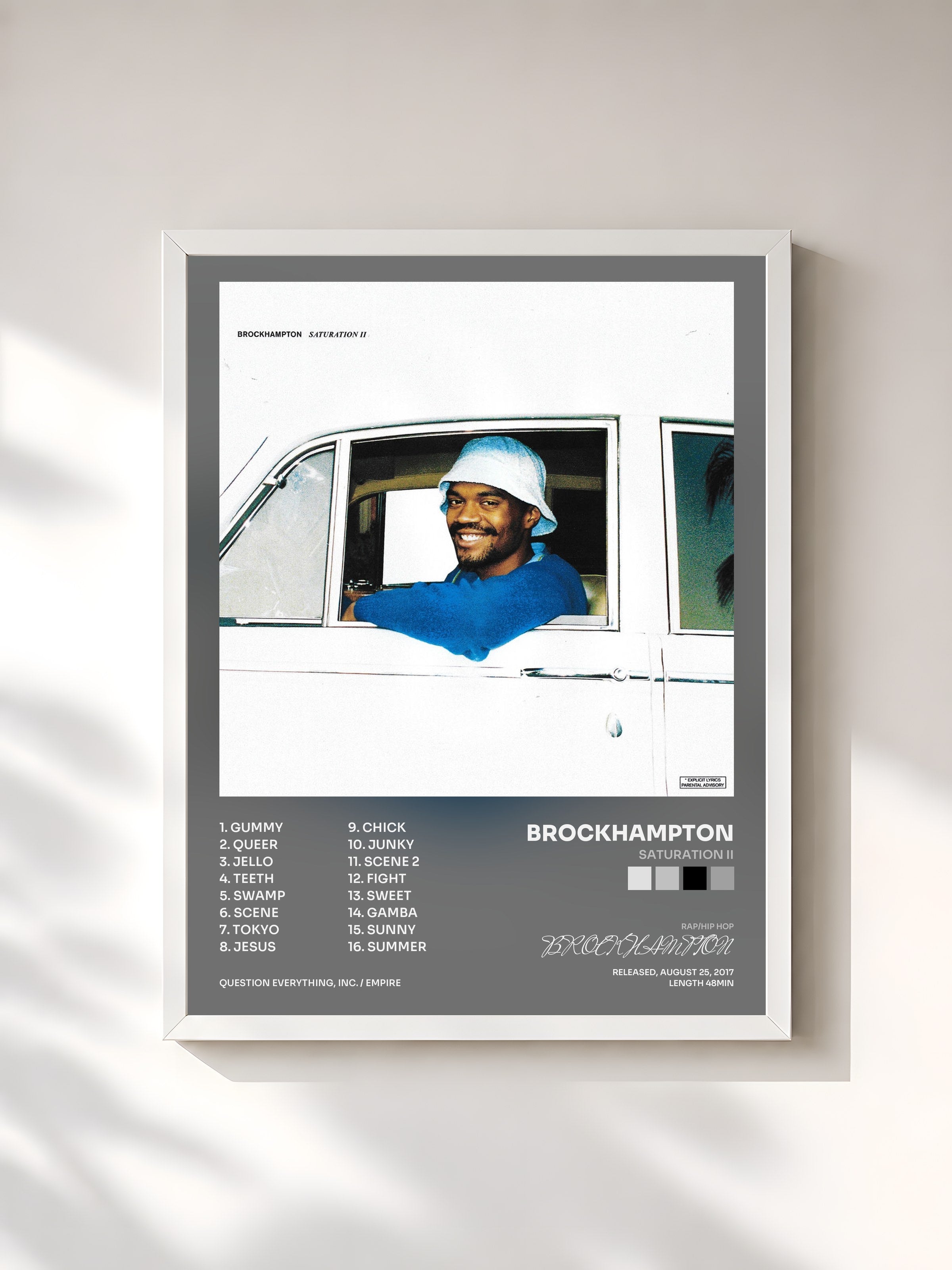 #blanc Tableau de l'album SATURATION II de BROCKHAMPTON, cadre blanc, imprimé et encadré en France