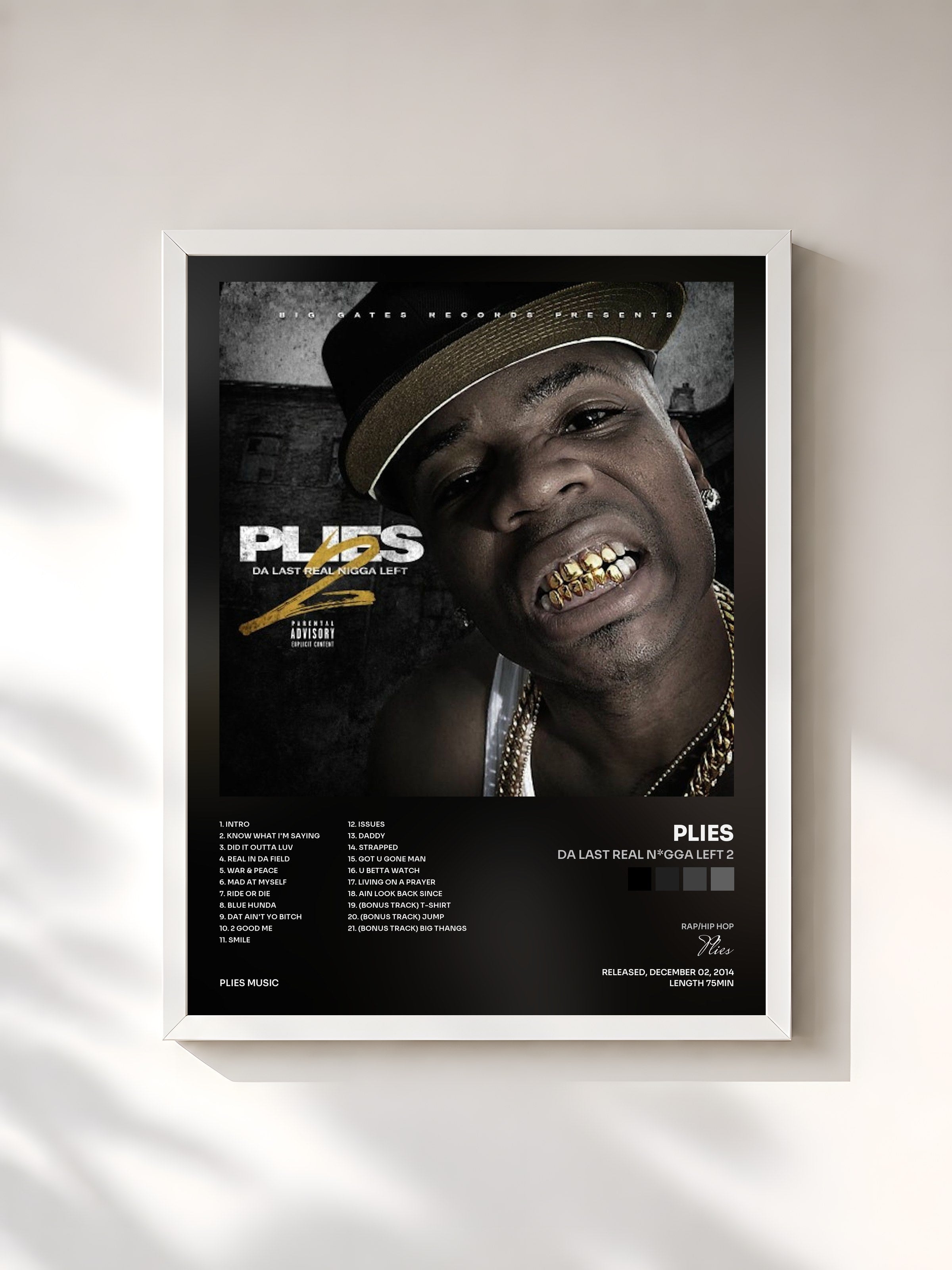 #blanc Tableau de l'album Da Last Real N*gga Left 2 de Plies, cadre blanc, imprimé et encadré en France