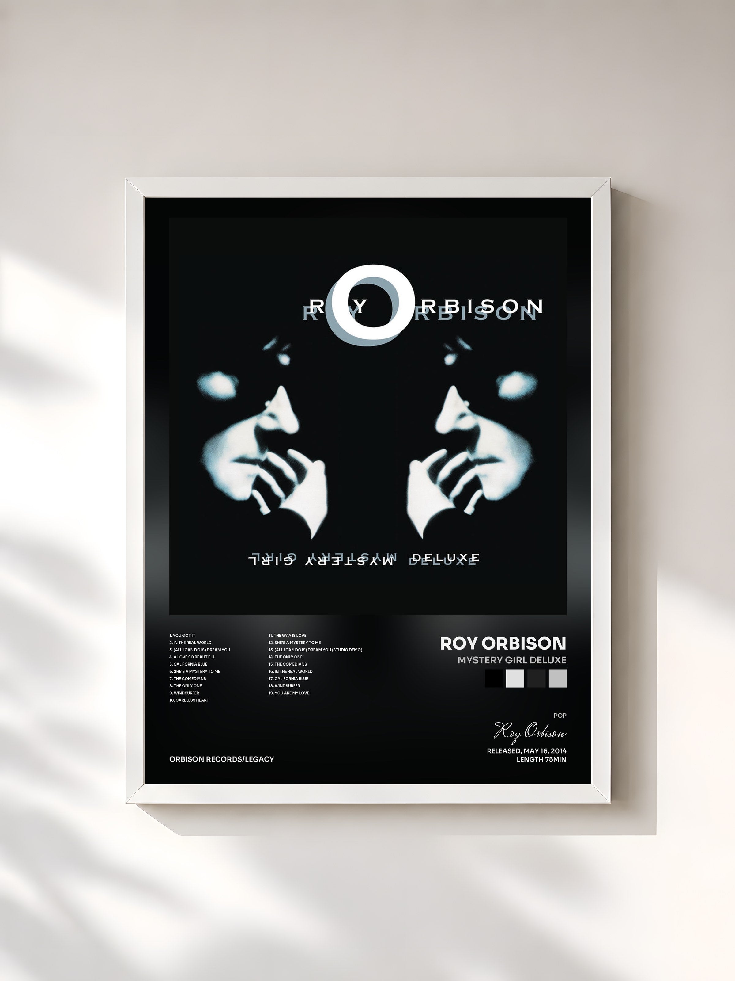 #blanc Tableau de l'album Mystery Girl Deluxe de Roy Orbison, cadre blanc, imprimé et encadré en France