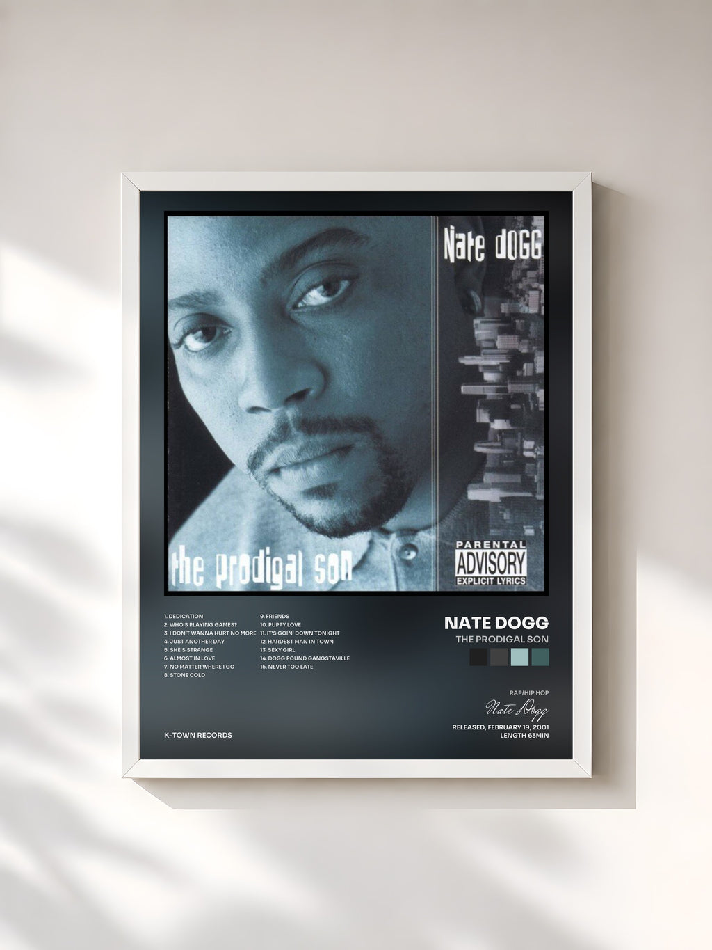 #blanc Tableau de l'album The Prodigal Son de Nate Dogg, cadre blanc, imprimé et encadré en France