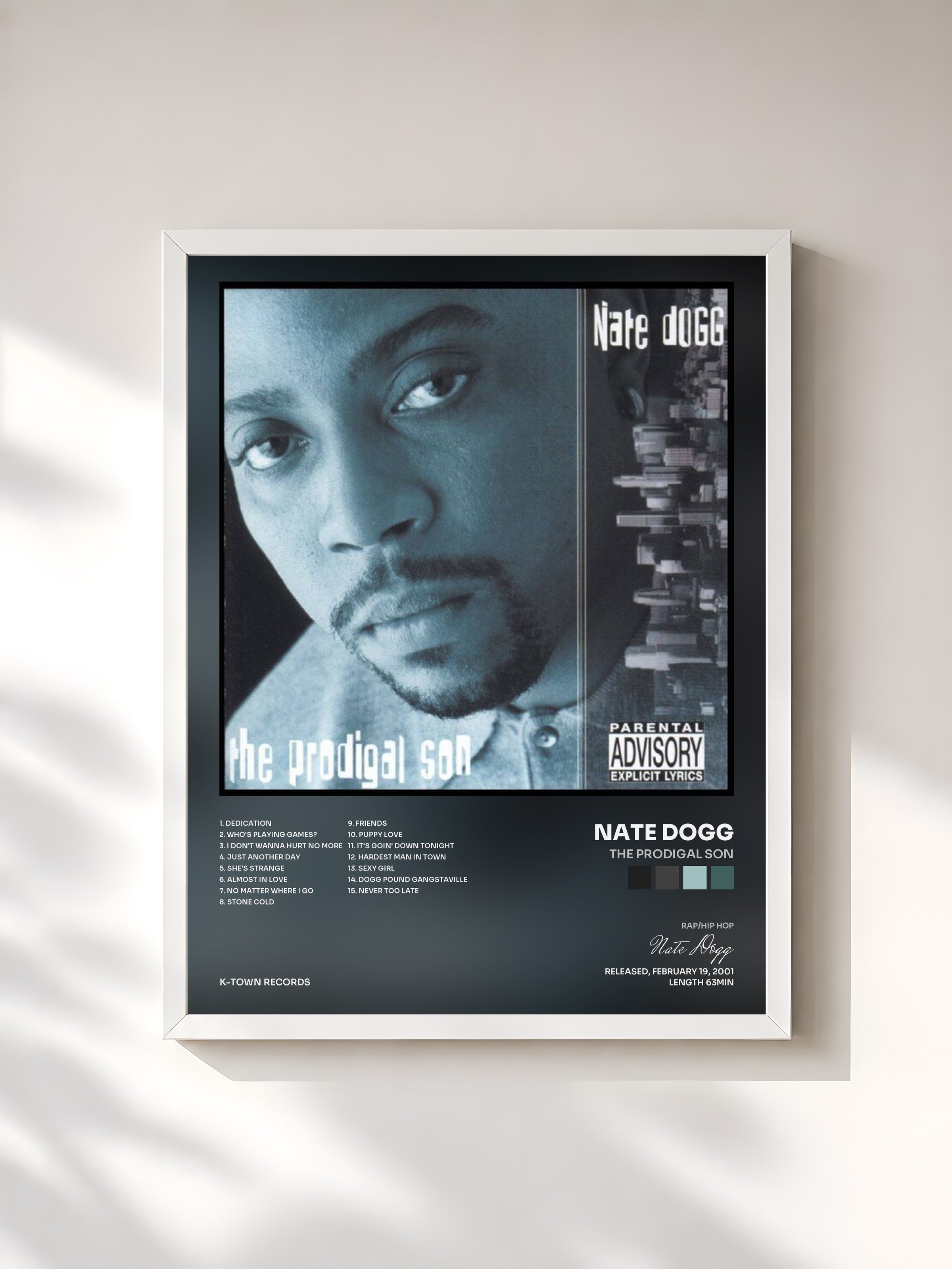 #blanc Tableau de l'album The Prodigal Son de Nate Dogg, cadre blanc, imprimé et encadré en France
