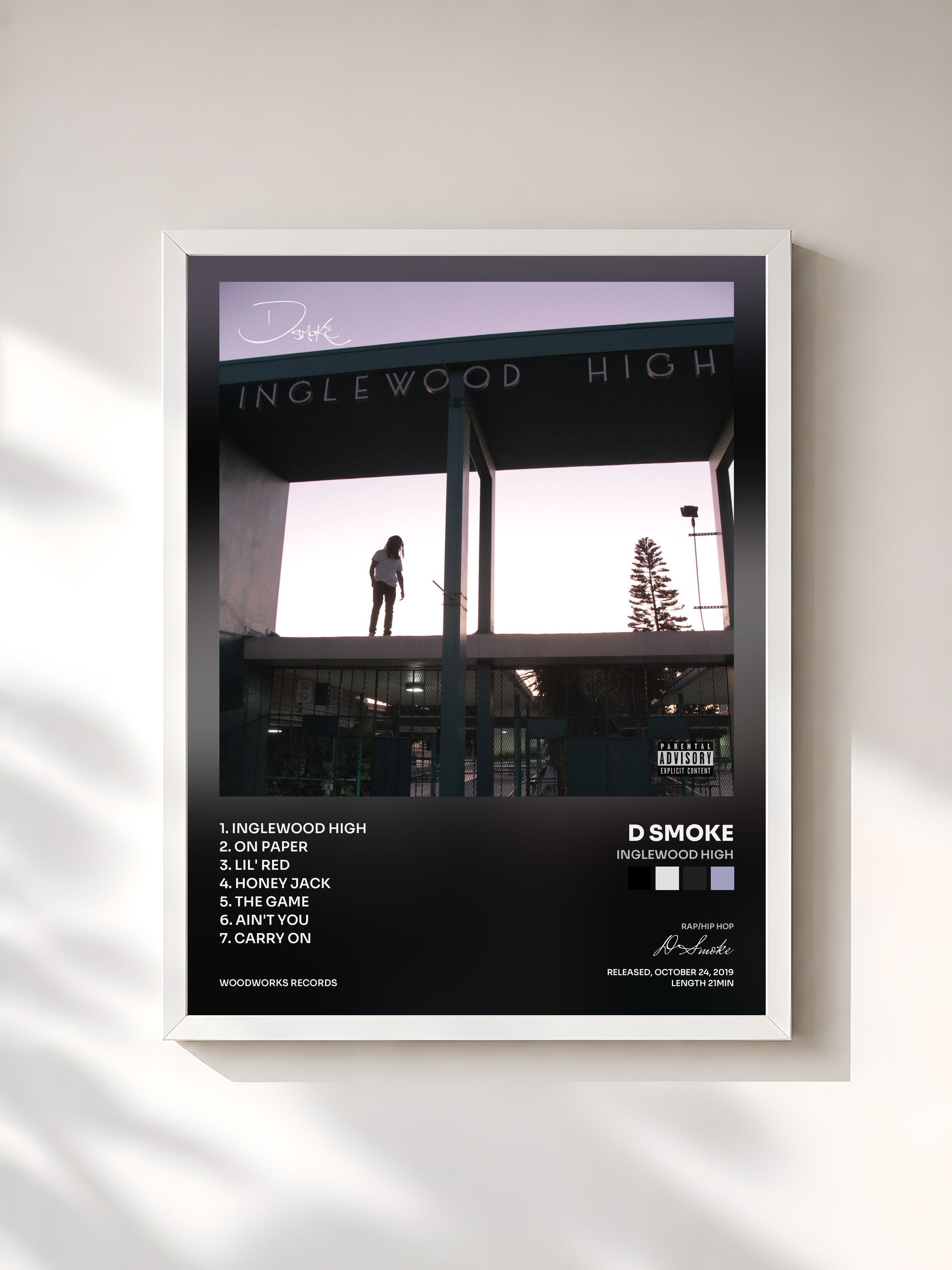 #blanc Tableau de l'album Inglewood High de D Smoke, cadre blanc, imprimé et encadré en France