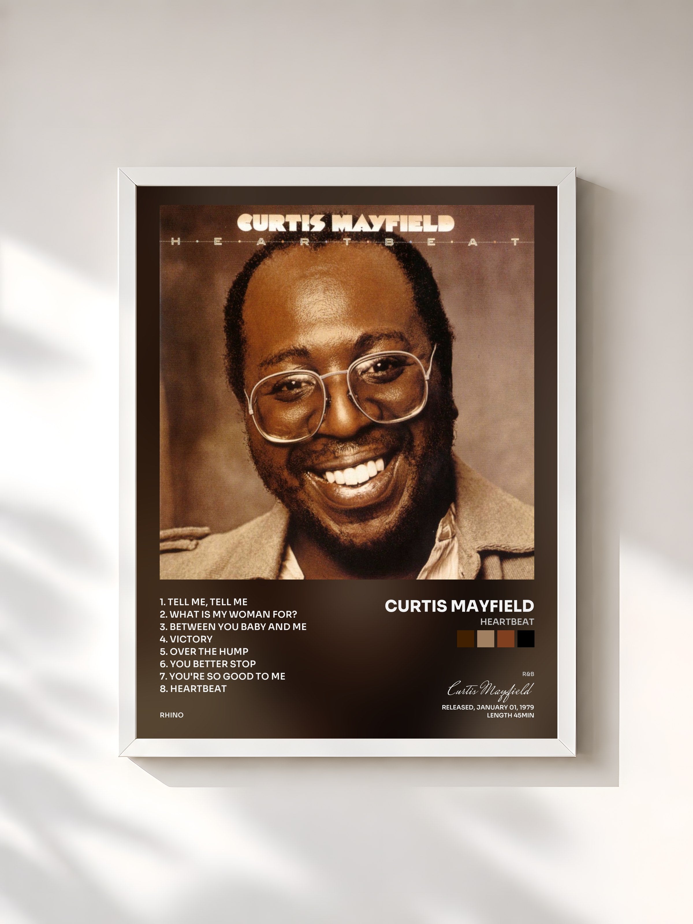 #blanc Tableau de l'album Heartbeat de Curtis Mayfield, cadre blanc, imprimé et encadré en France
