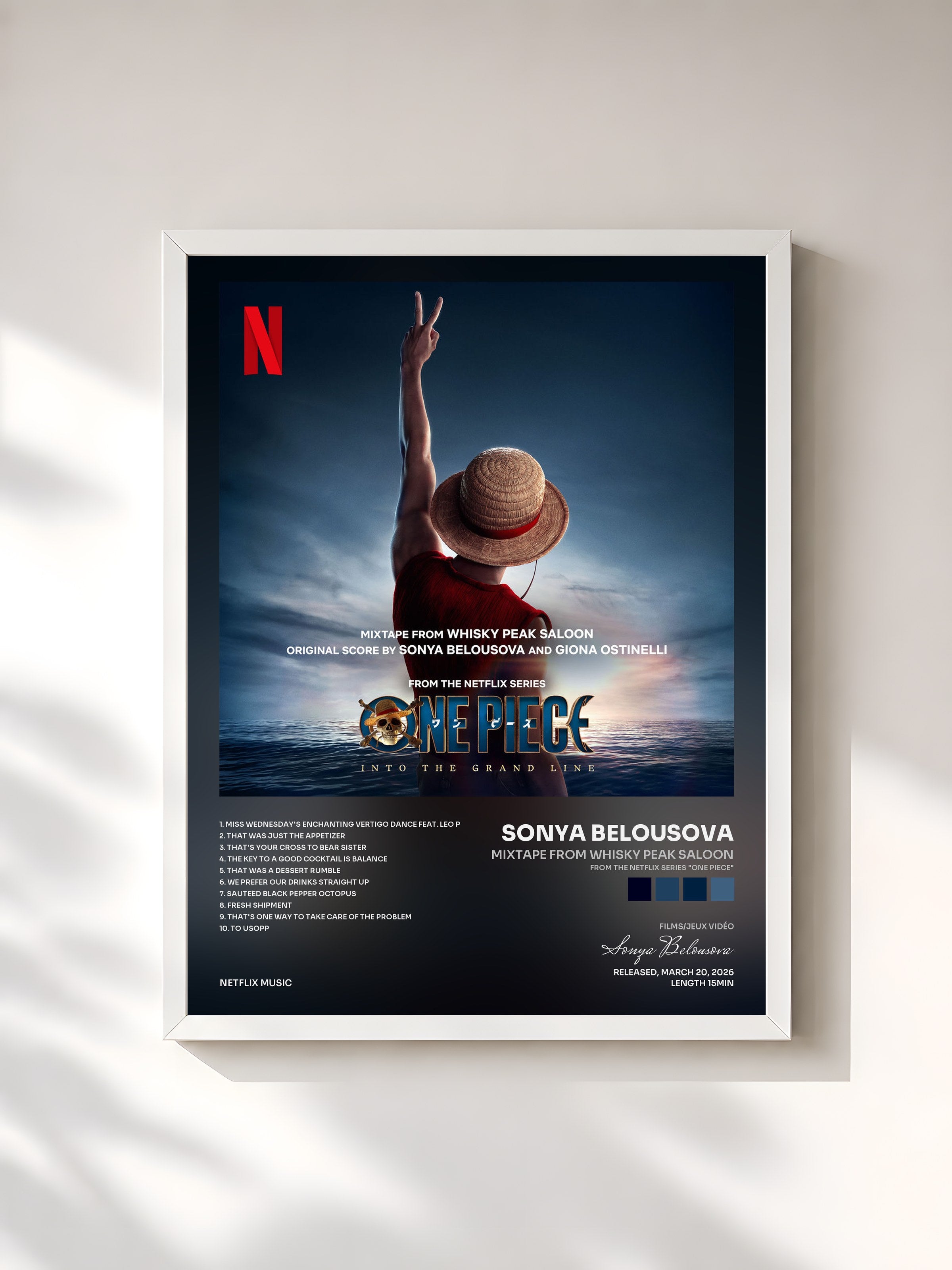 #blanc Tableau de l'album Mixtape from Whisky Peak Saloon (from the Netflix Series "One Piece") de Sonya Belousova, cadre blanc, imprimé et encadré en France