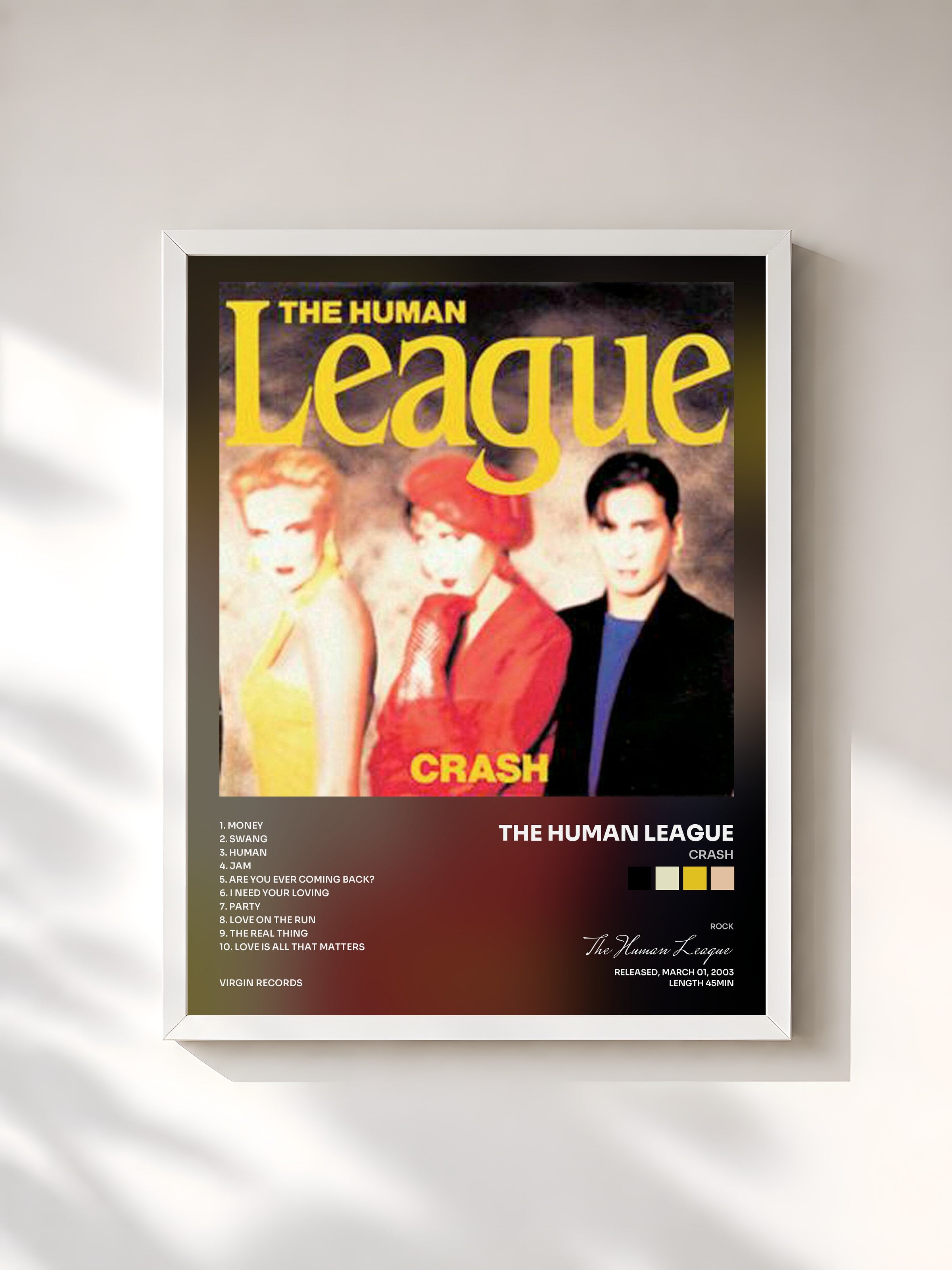 #blanc Tableau de l'album Crash de The Human League, cadre blanc, imprimé et encadré en France