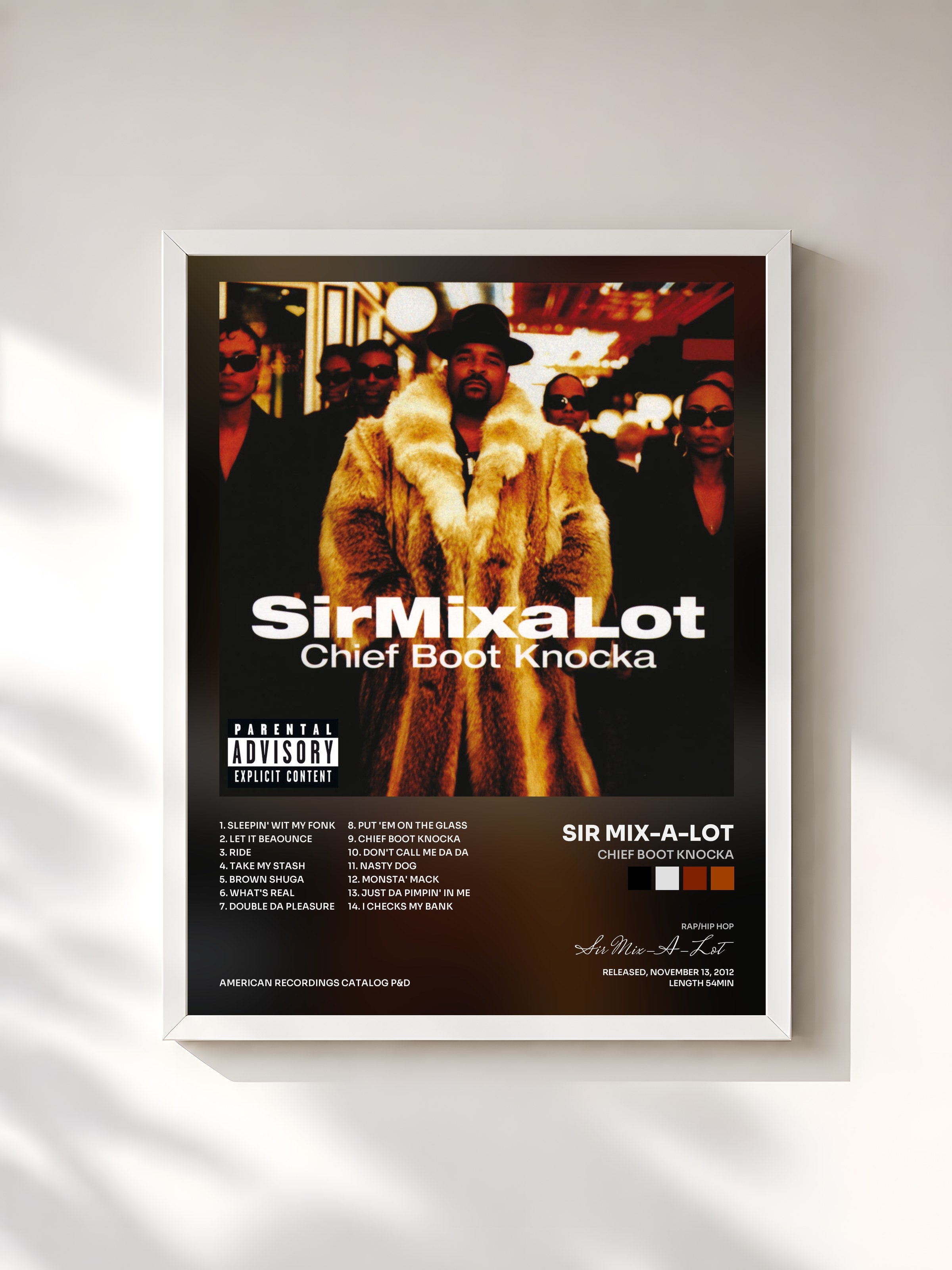 #blanc Tableau de l'album Chief Boot Knocka de Sir Mix-A-Lot, cadre blanc, imprimé et encadré en France